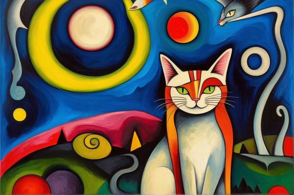 Colorful Painting of Stylized Cat in Surreal Landscape