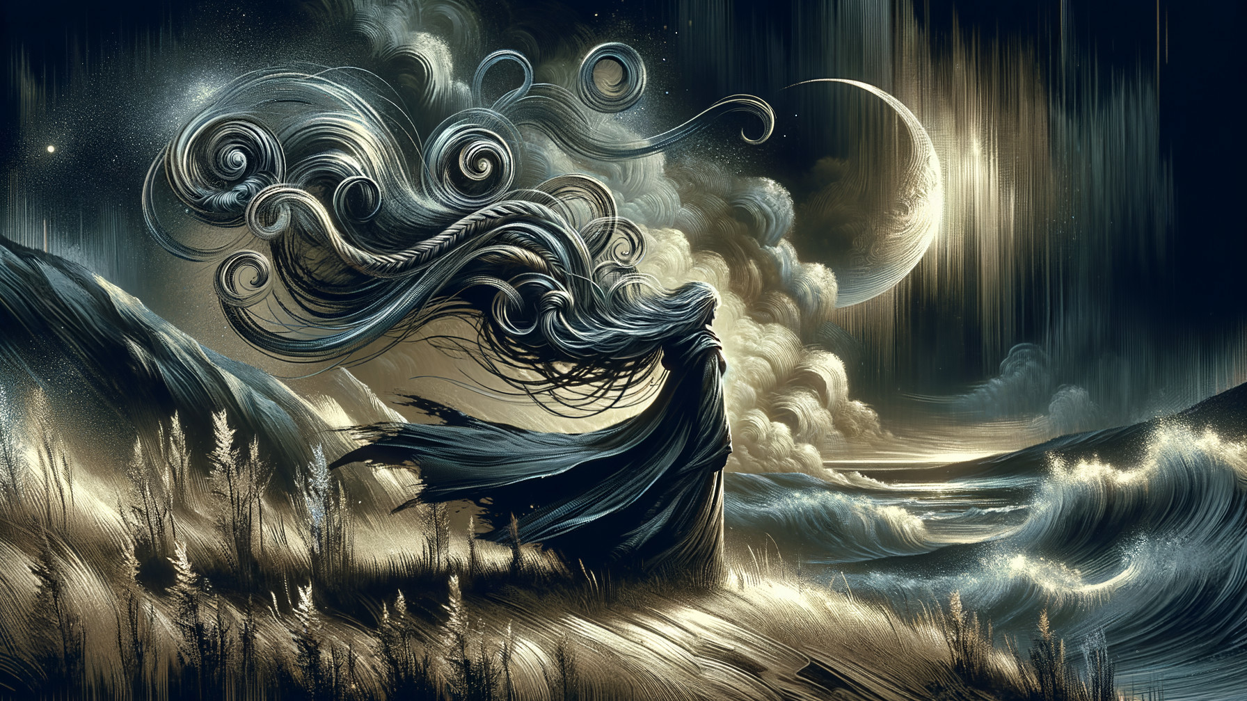 Mystical Figure on Rugged Landscape with Moonlit Waves