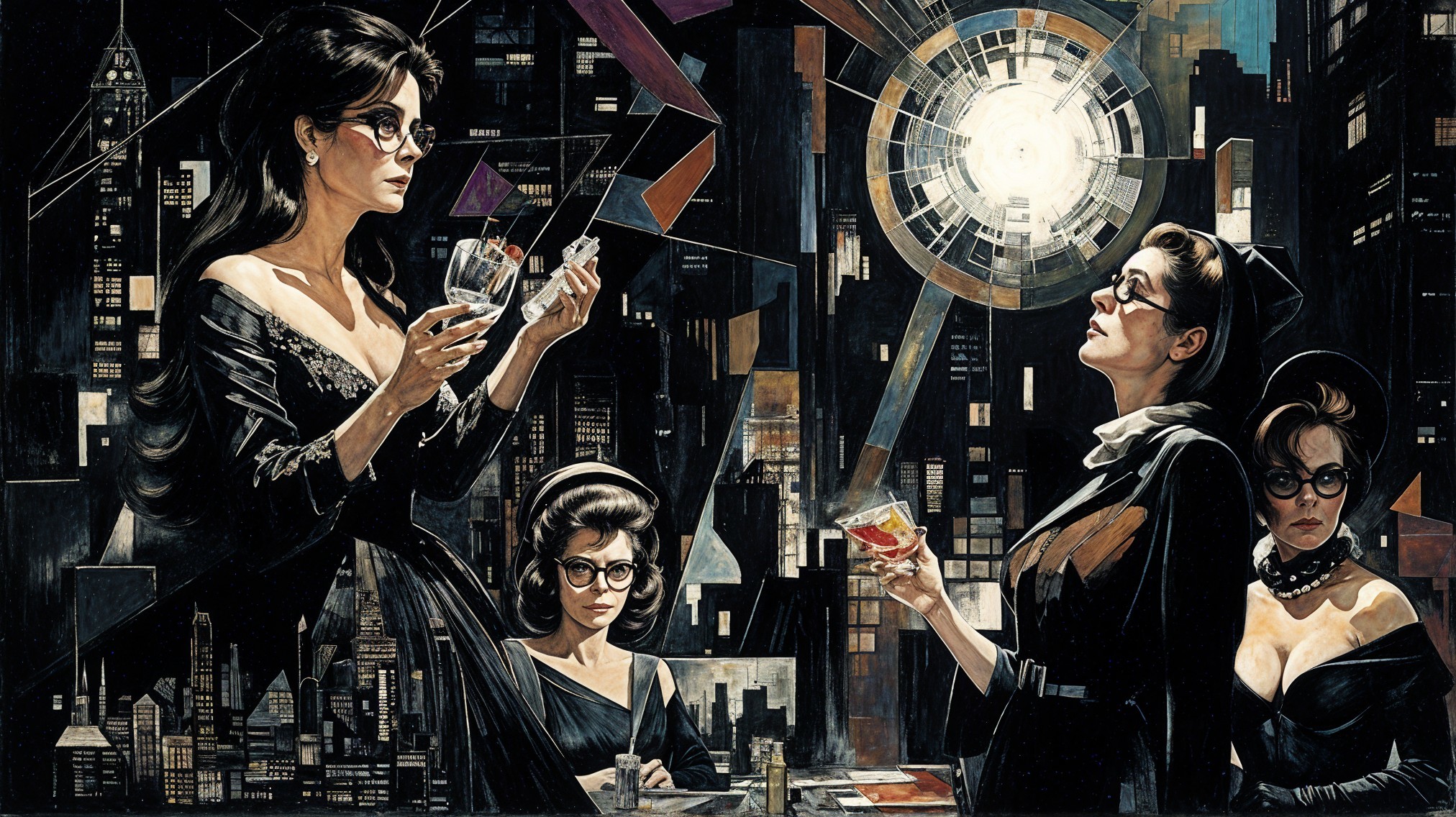 Glamorous Women Against a Vibrant City Skyline