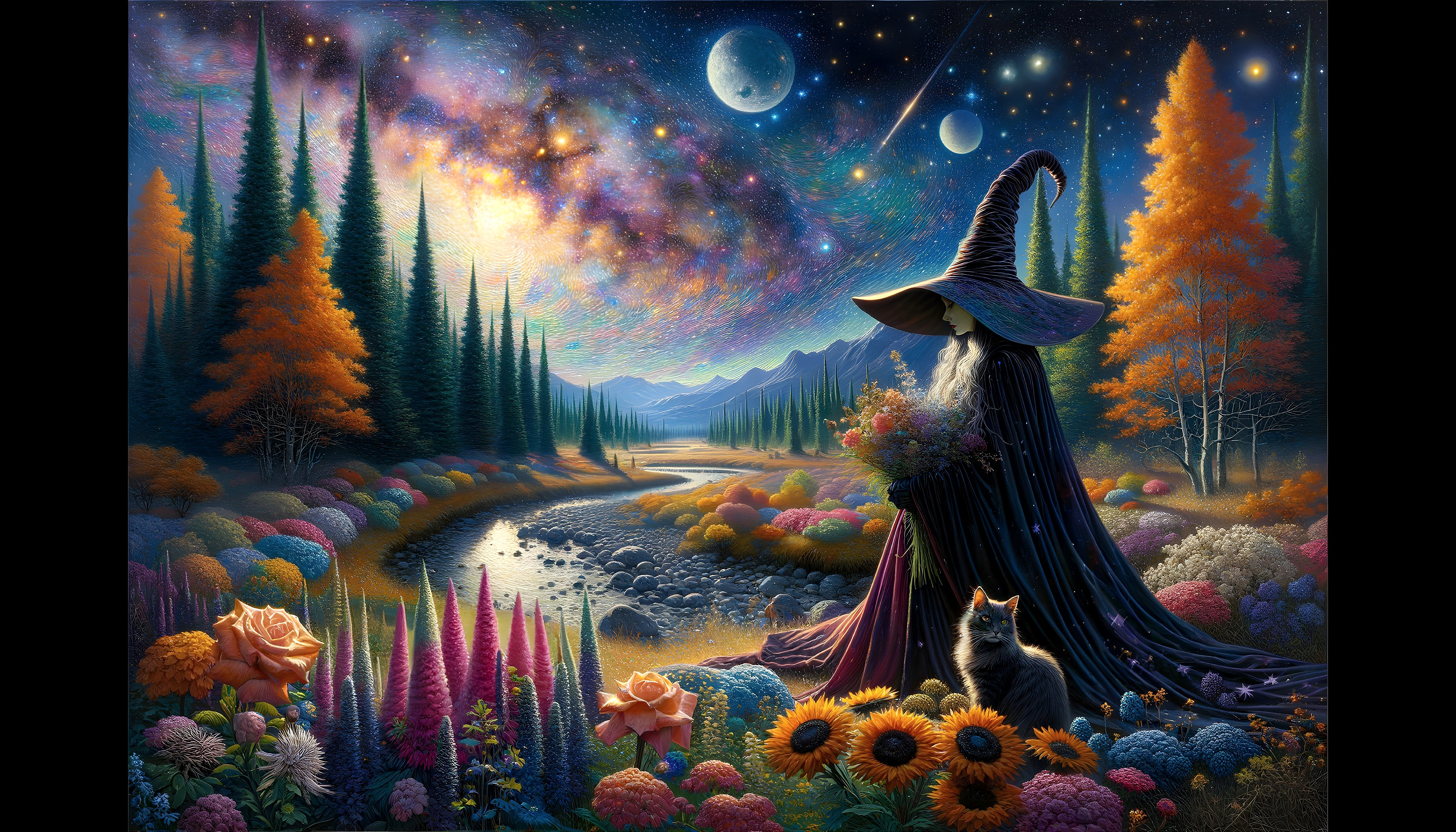 Whimsical Wizard Gazing at Vibrant Landscape Artwork