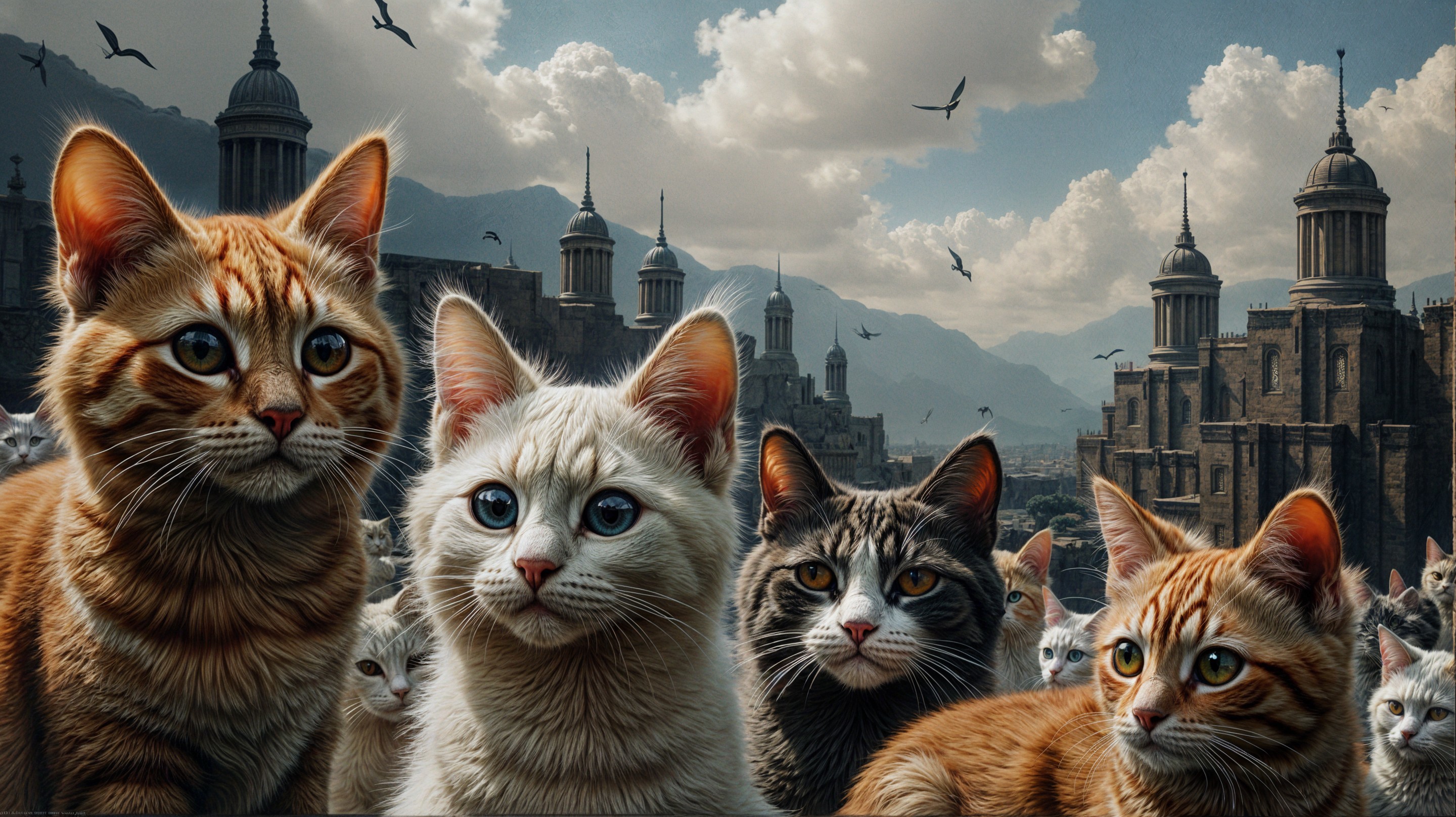 Cats with Unique Fur Patterns in a Fantasy Landscape