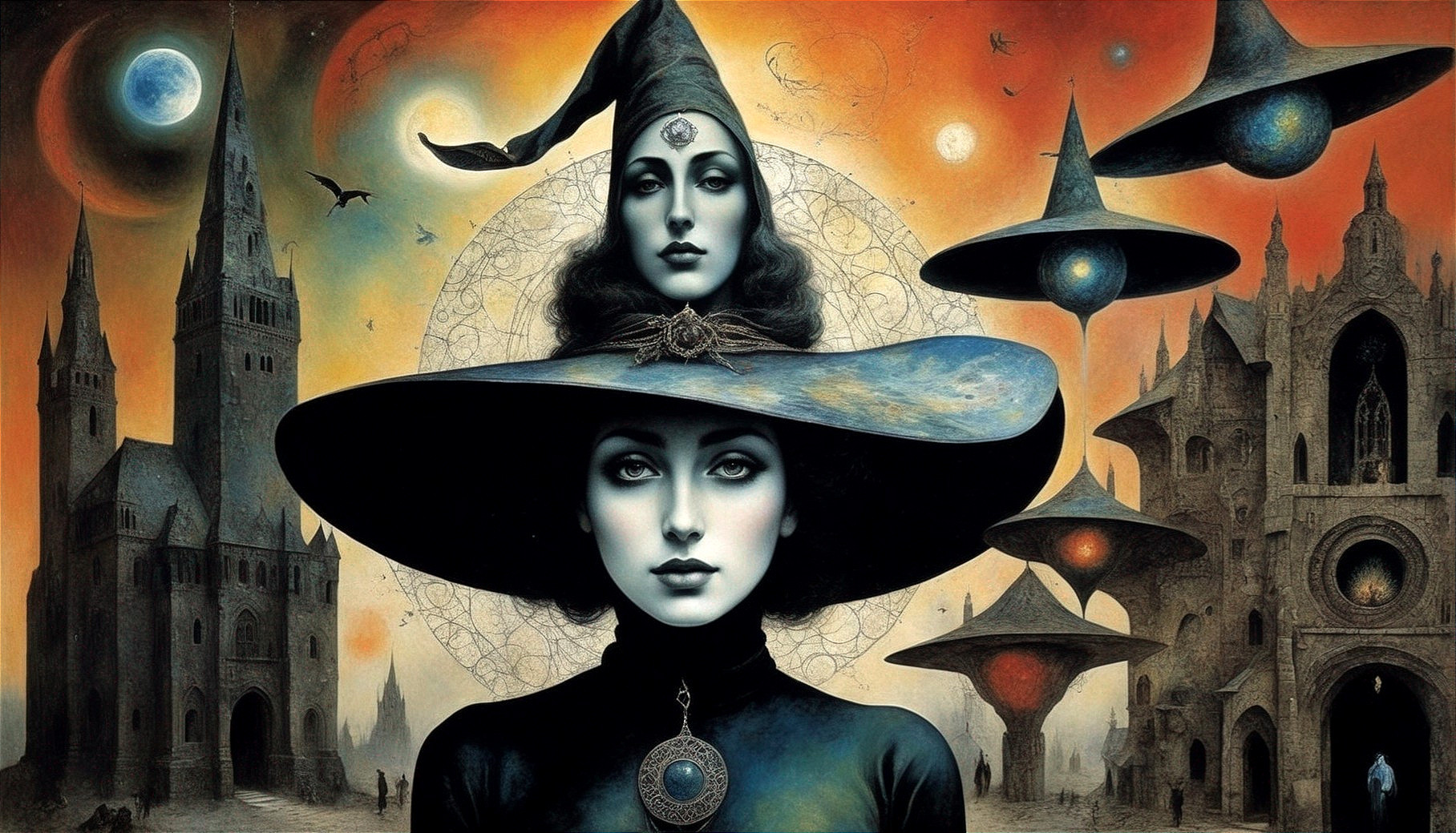 Surreal Scene with Ethereal Women and Cosmic Background