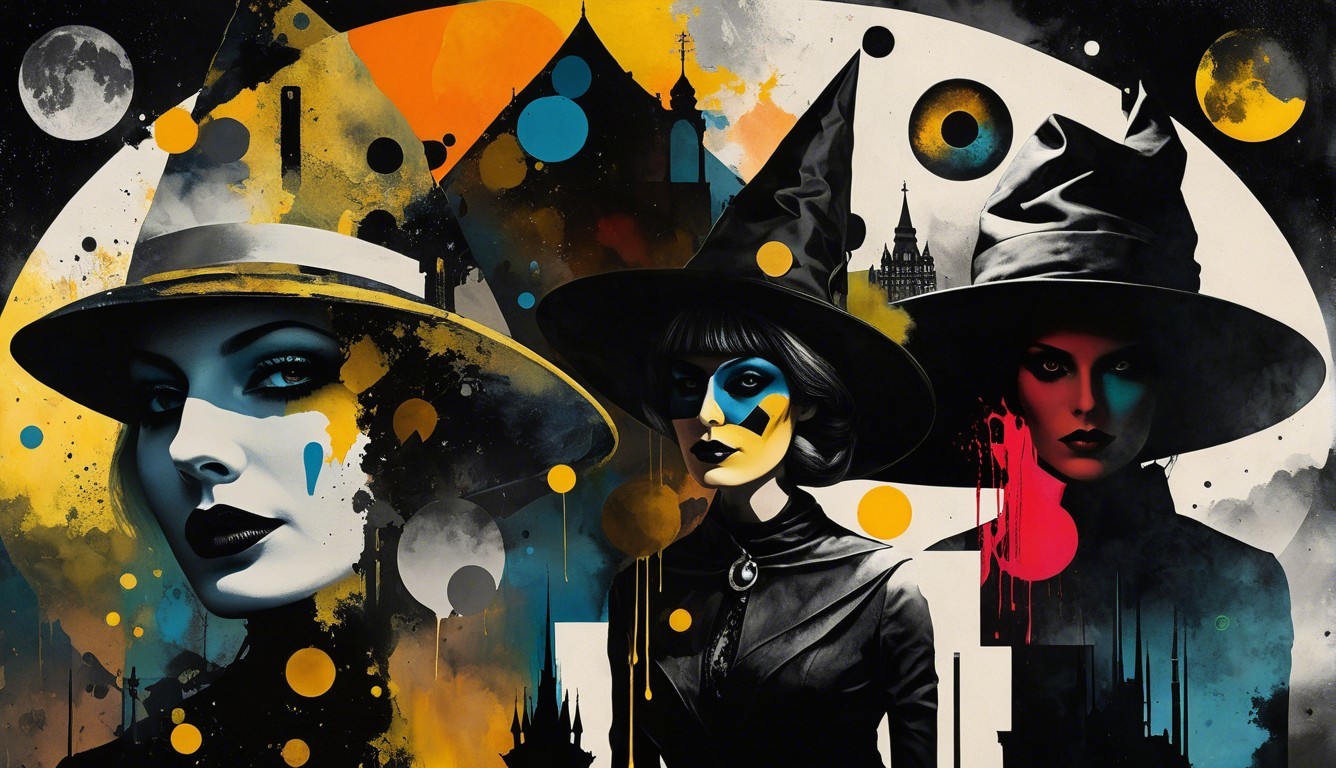 Three Figures in Witch Hats Against Abstract Background