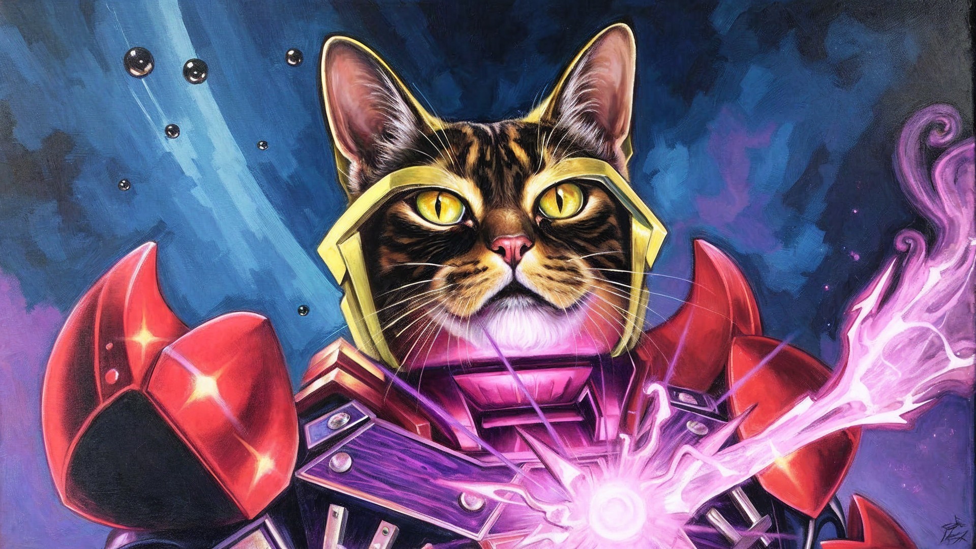 Anthropomorphic cat in vibrant futuristic armor