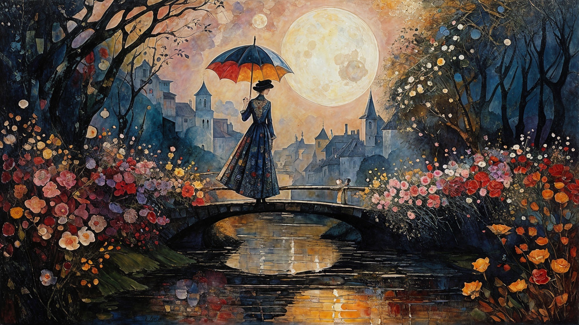 Serene scene of a figure on a bridge with flowers