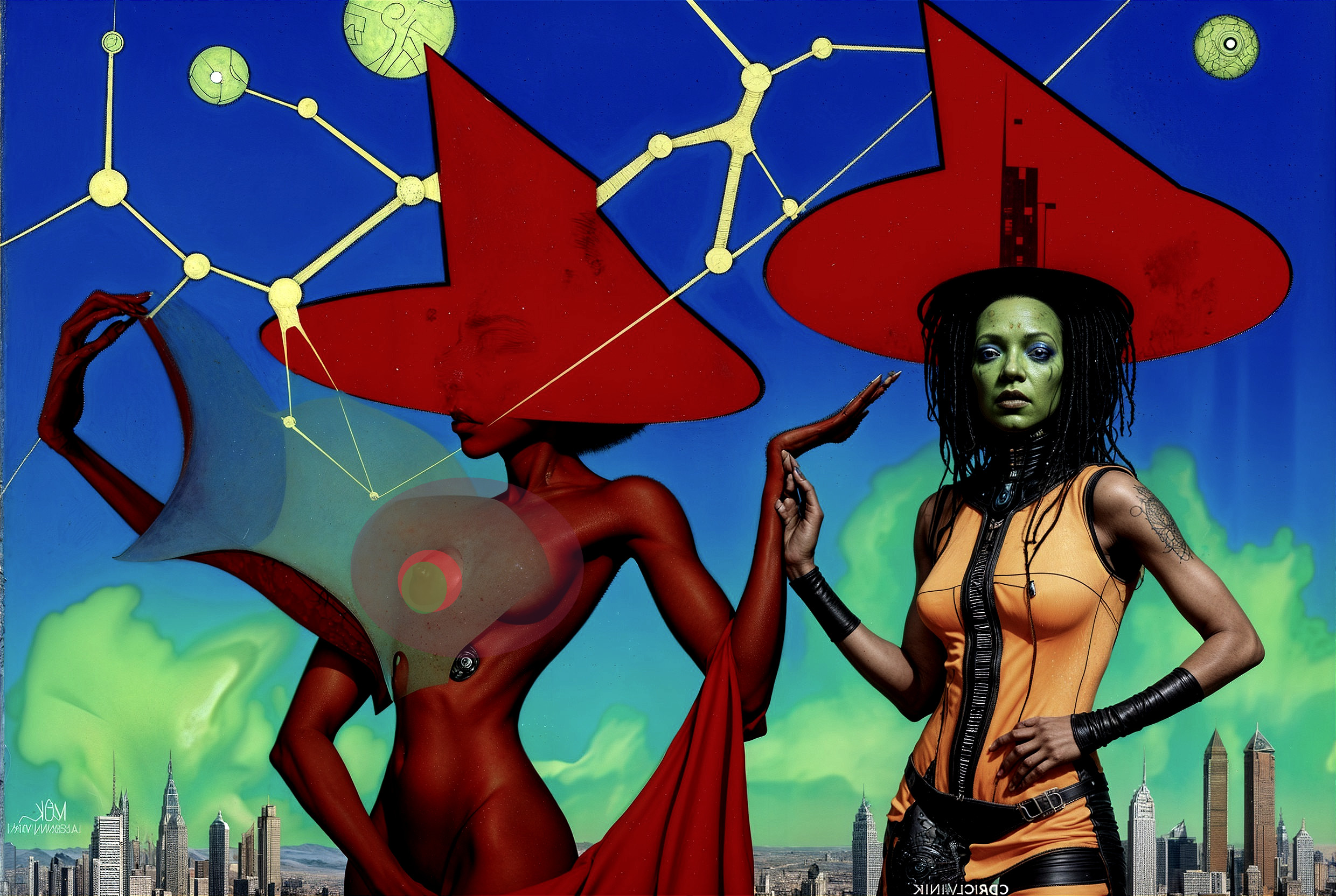 Futuristic Figures in Red Hats Against City Skyline