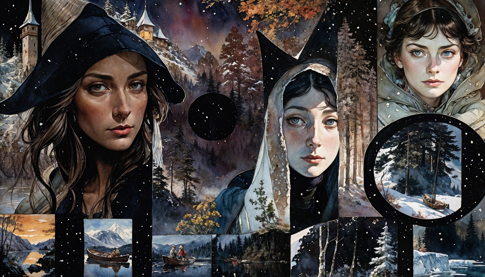 Collage of Women's Portraits in Serene Landscapes