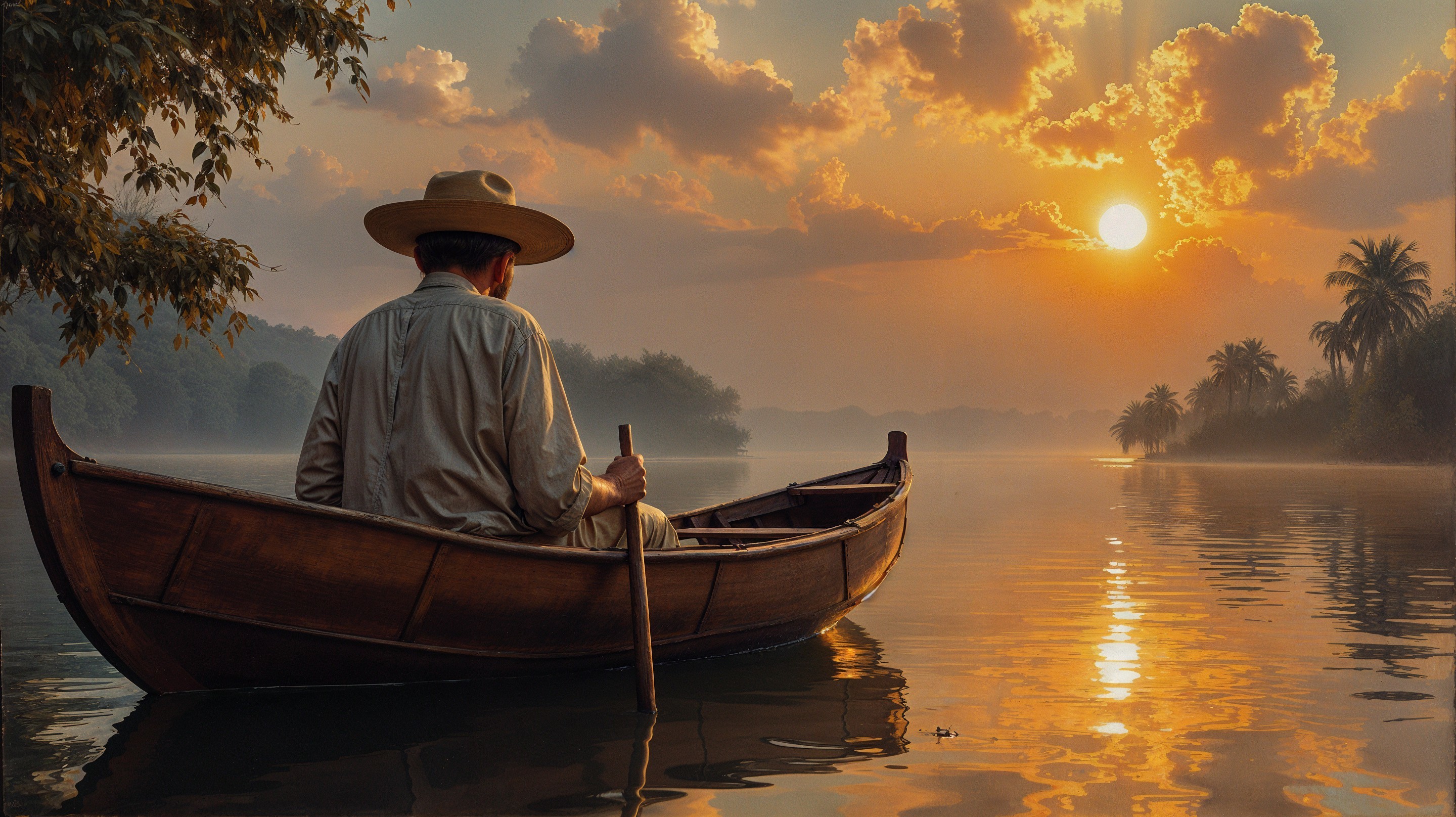 Lone Figure in Boat at Sunset with Palm Trees