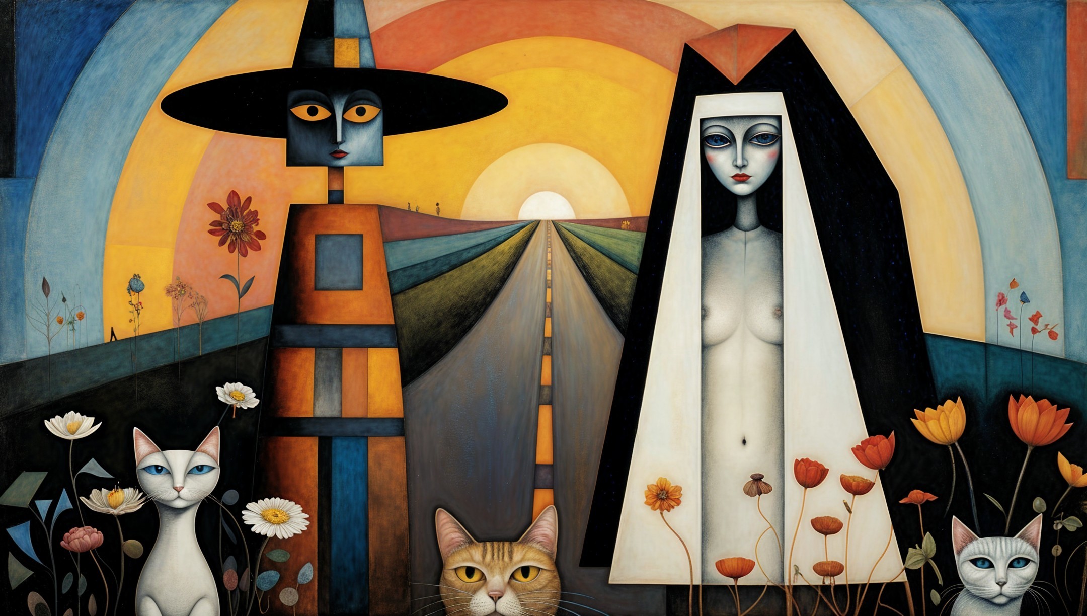 Surreal Landscape with Witch, Nun, Cats, and Flowers
