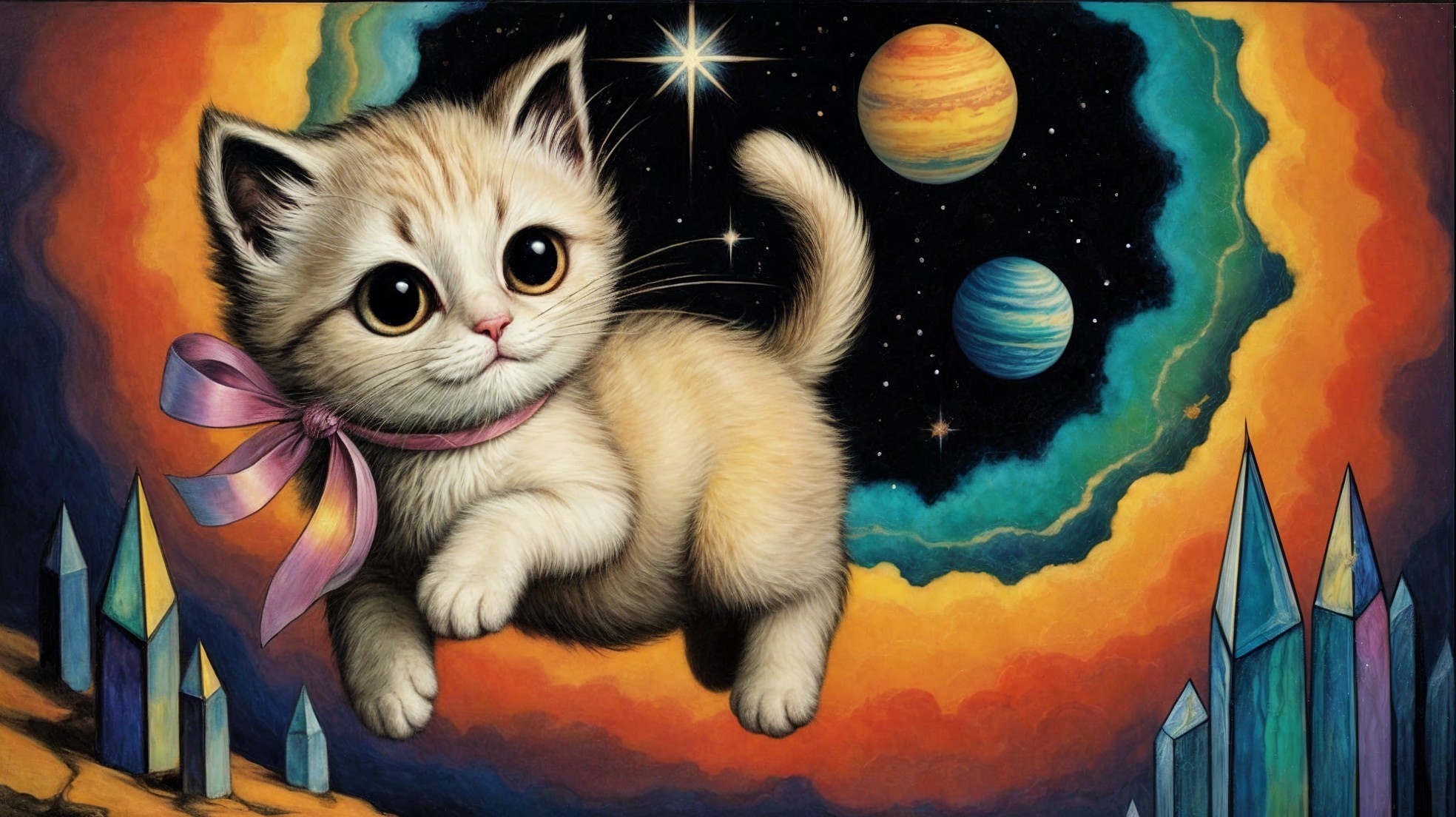 Fluffy Kitten in Cosmic Dreamy Illustration