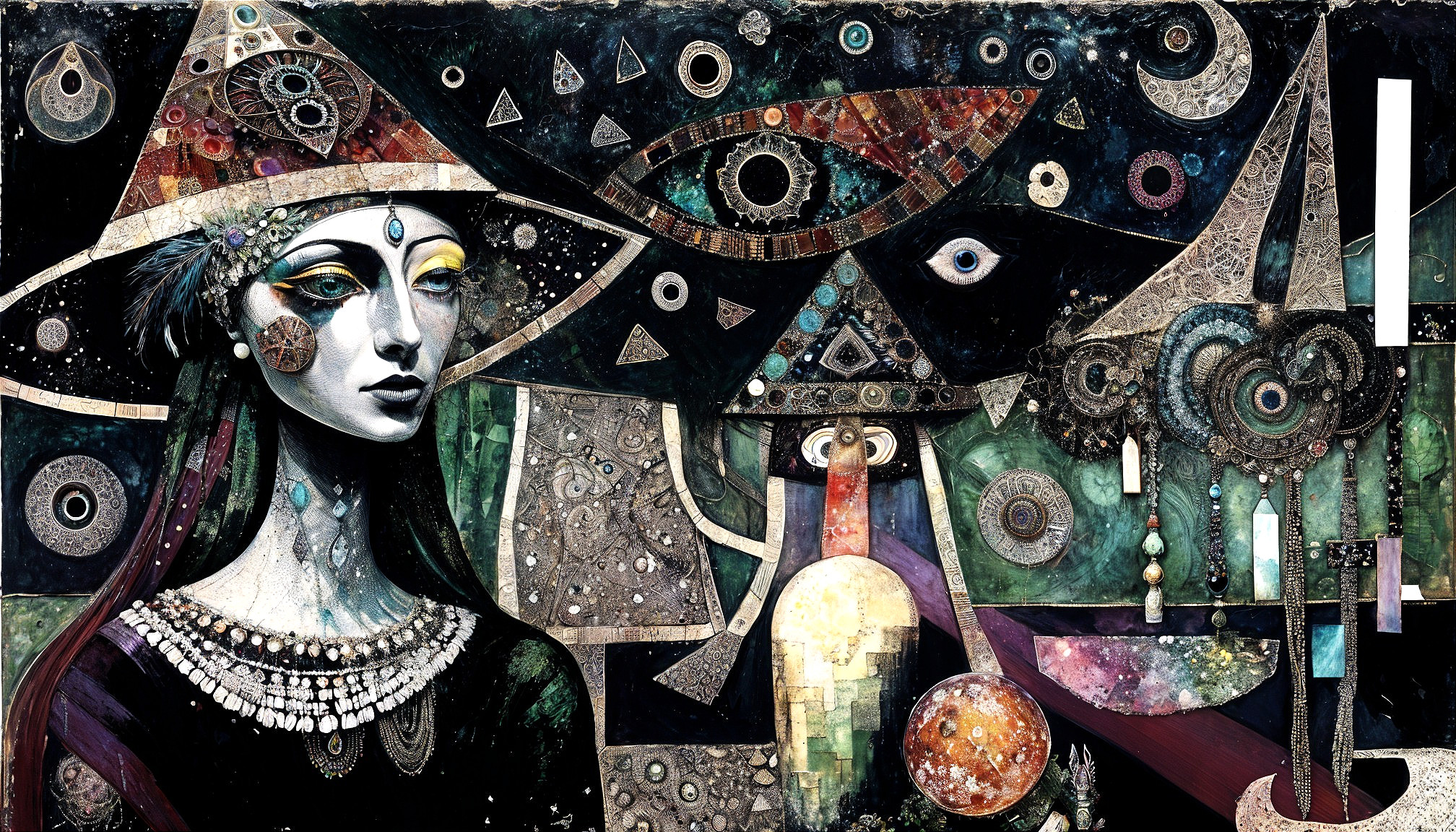 Stylized Female Figure with Intricate Jewelry and Patterns