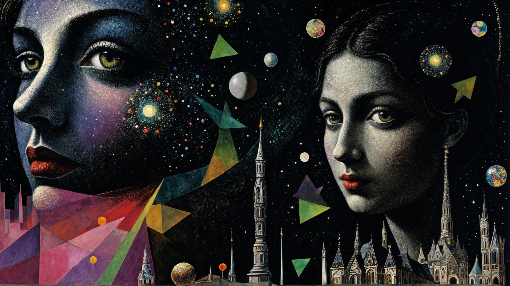 Ethereal Female Faces Against Cosmic Backdrop