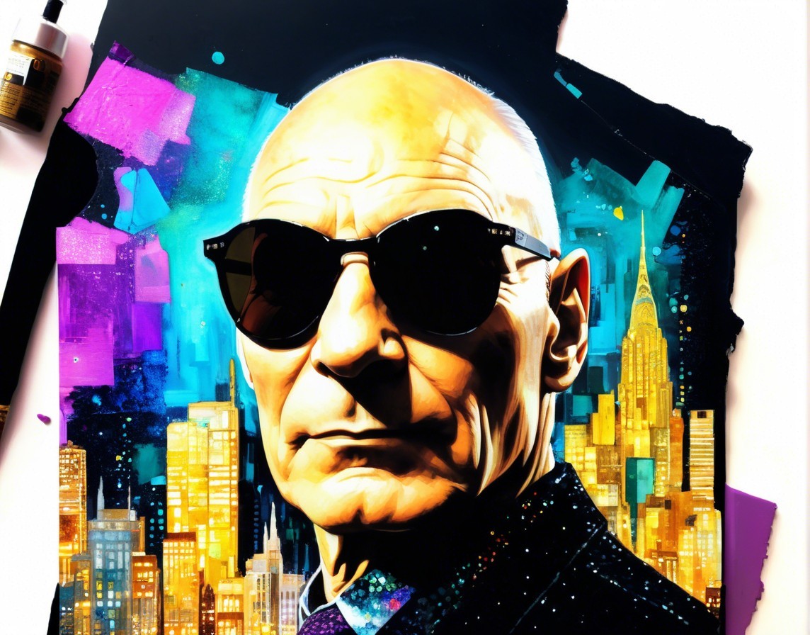 Stylized portrait of a bald man in sunglasses with skyline