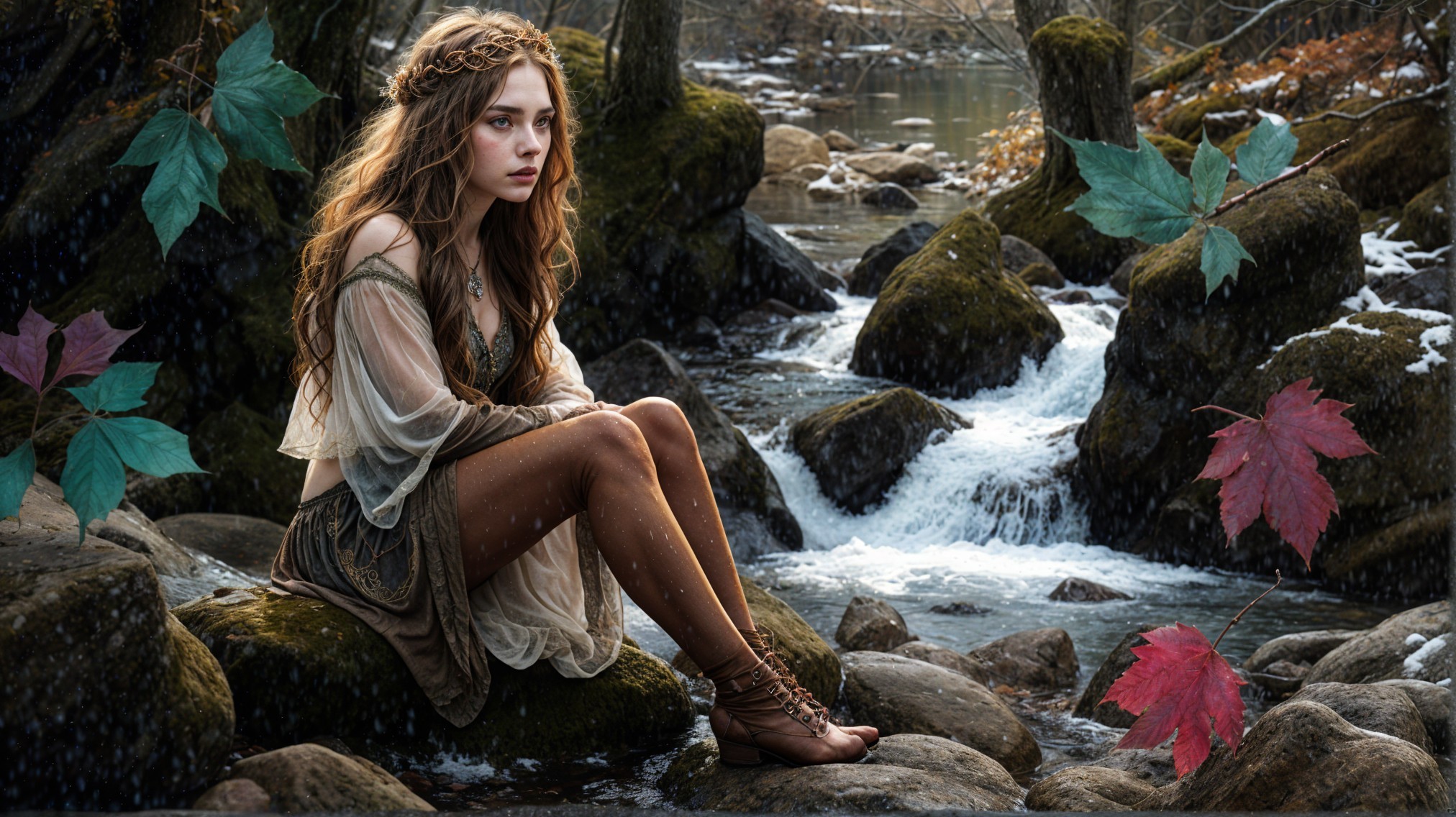 Young woman in nature-inspired attire by a stream