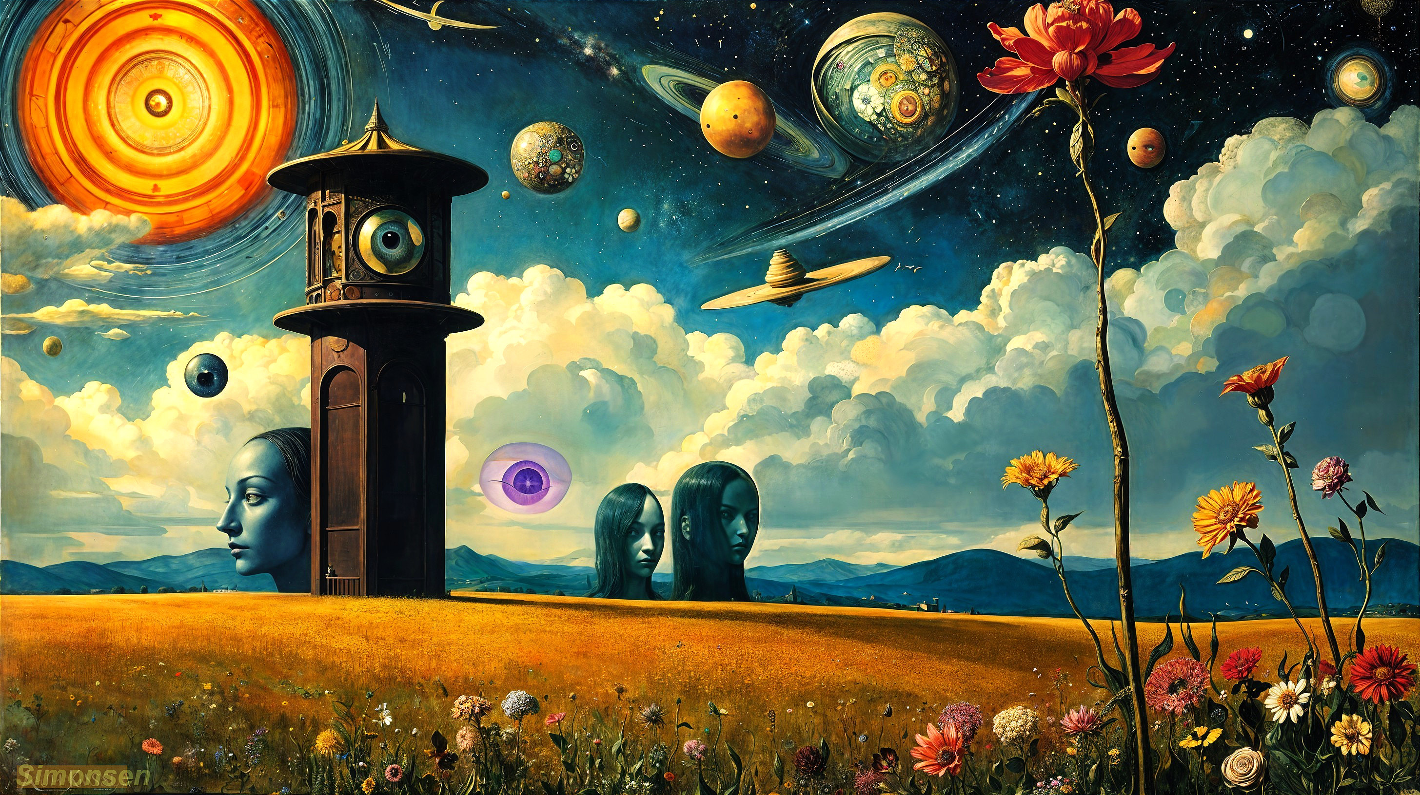 Surreal Landscape with Towering Structure and Cosmos