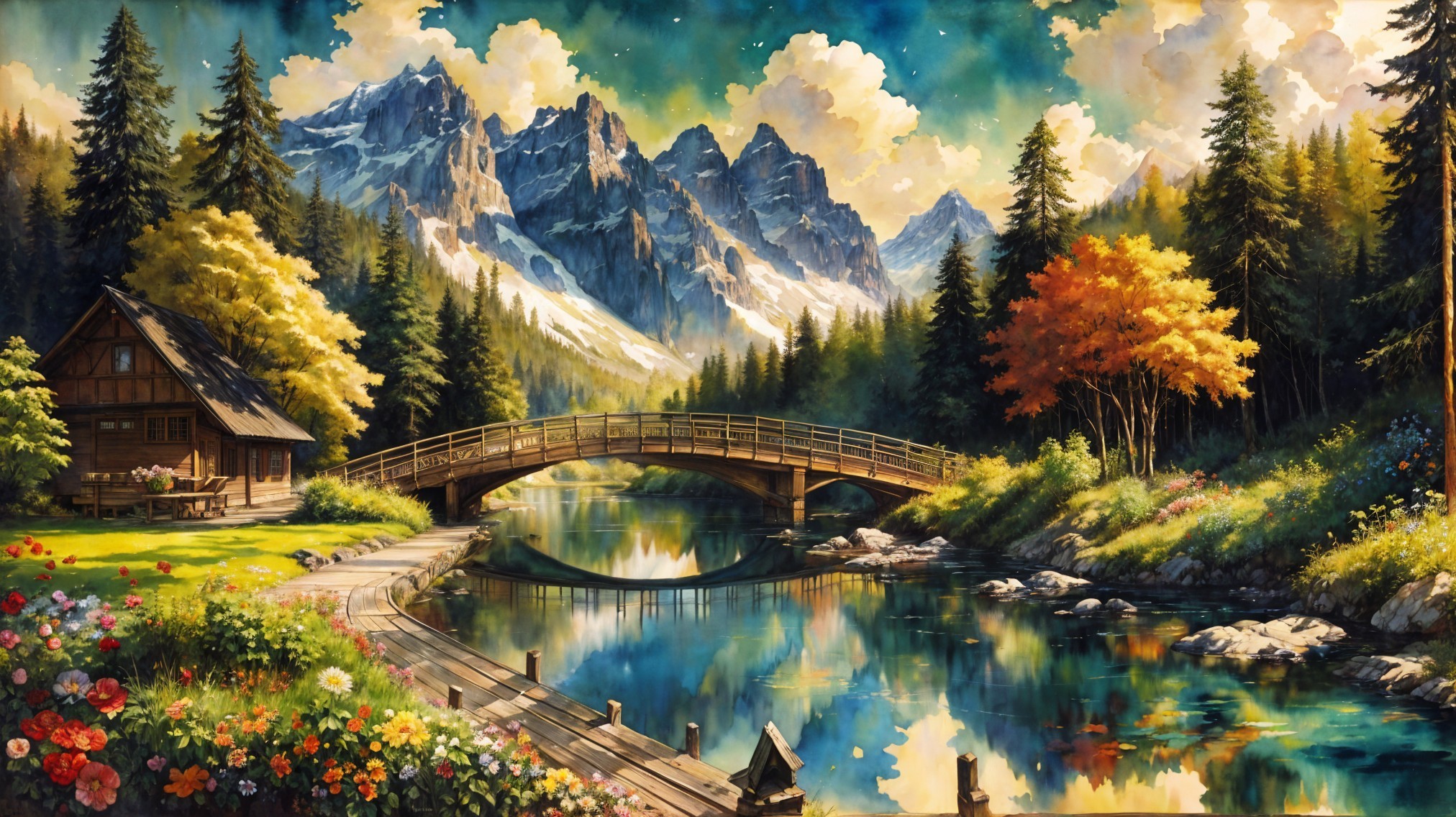 Serene Landscape with Wooden Bridge and Autumn Foliage