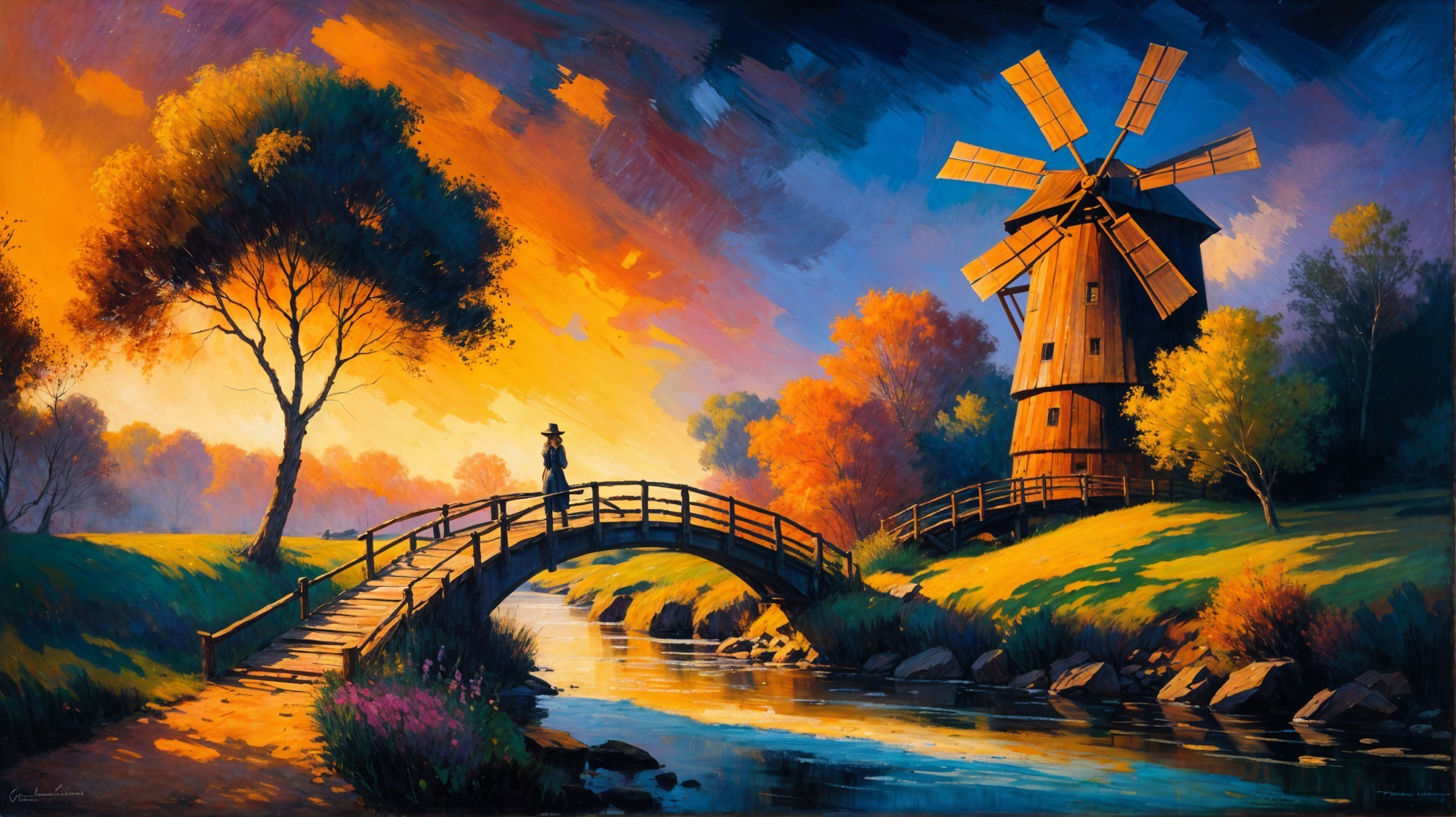 Picturesque Landscape with Sunset and Rustic Windmill