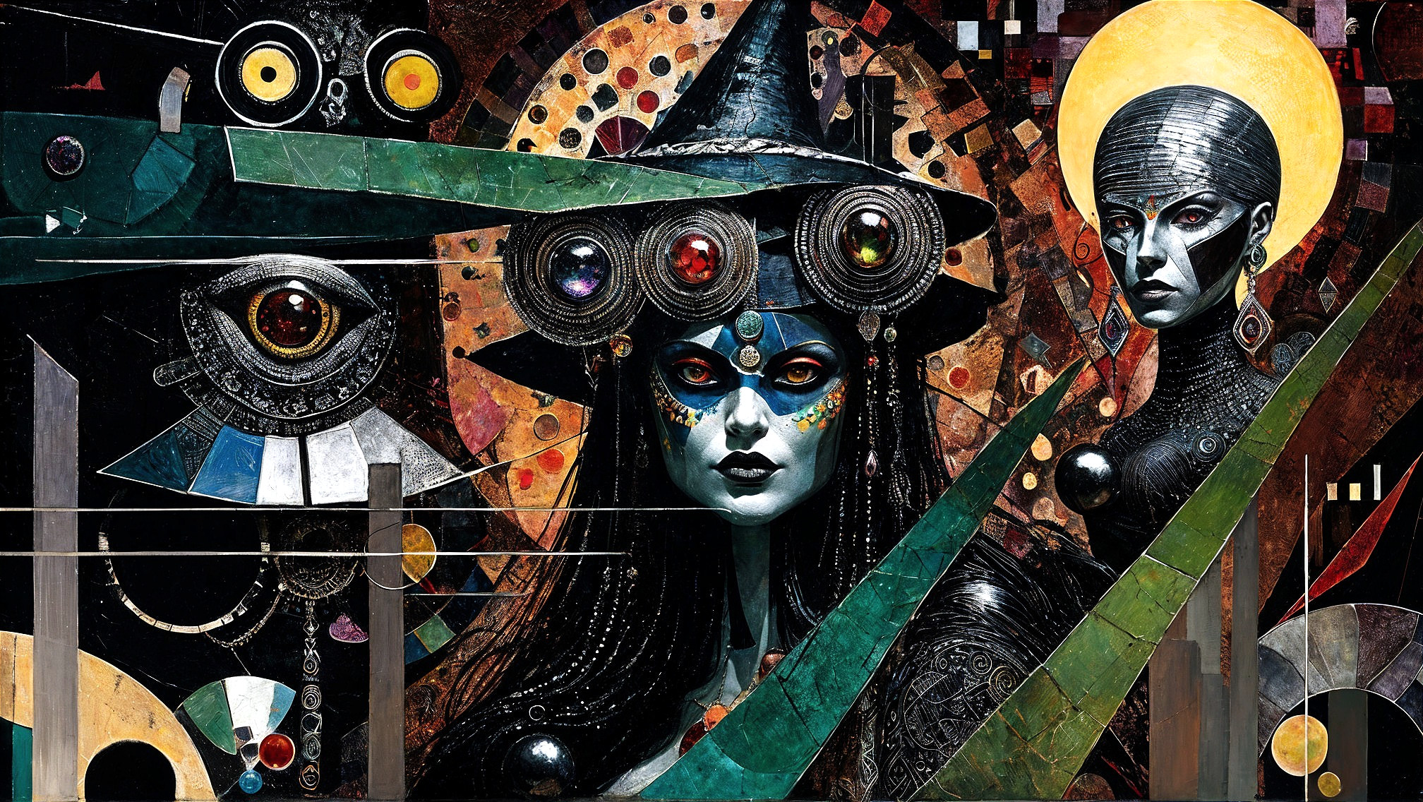 Mystical Artwork with Witch Figure and Abstract Elements