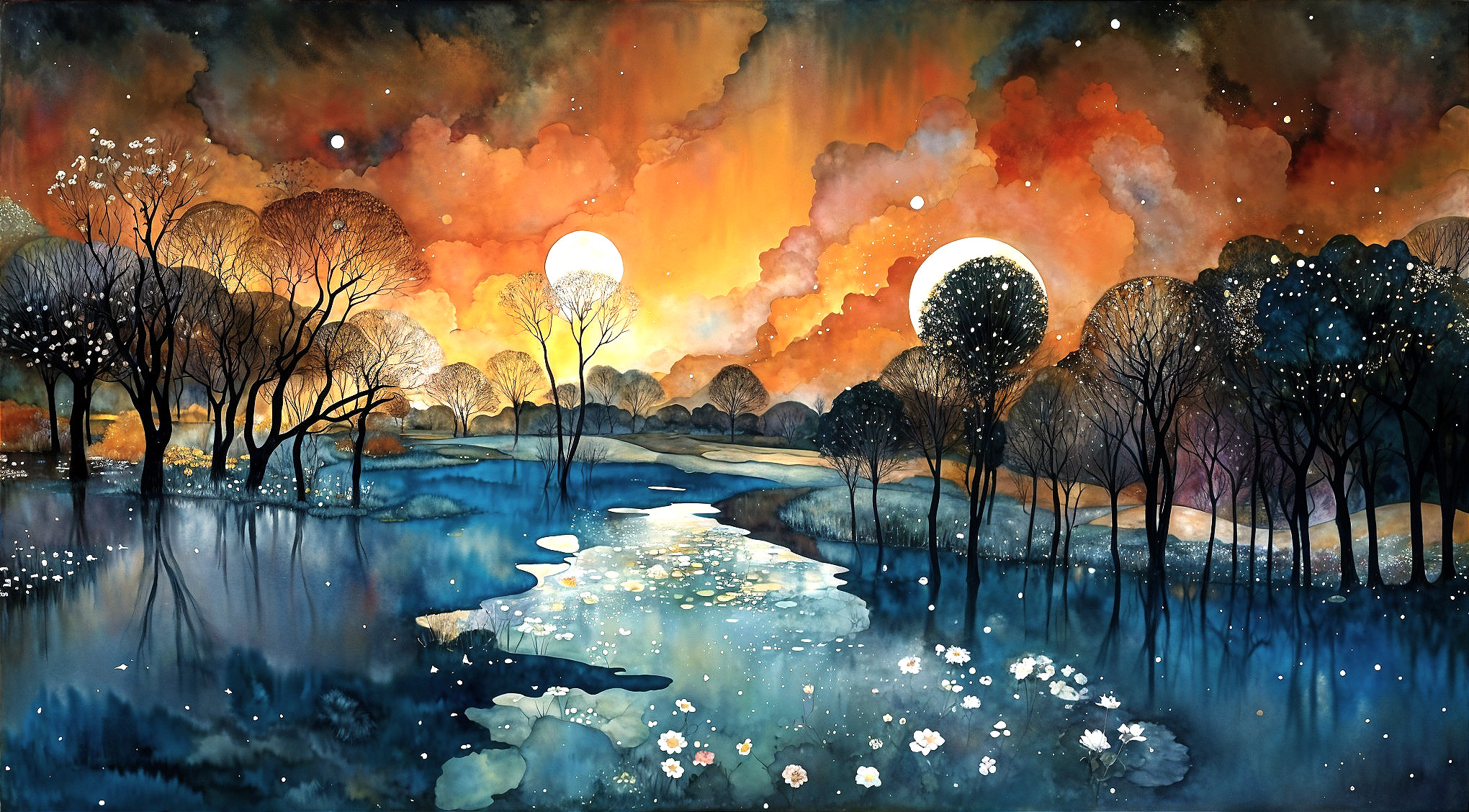 Serene Dusk Landscape with River and Celestial Bodies