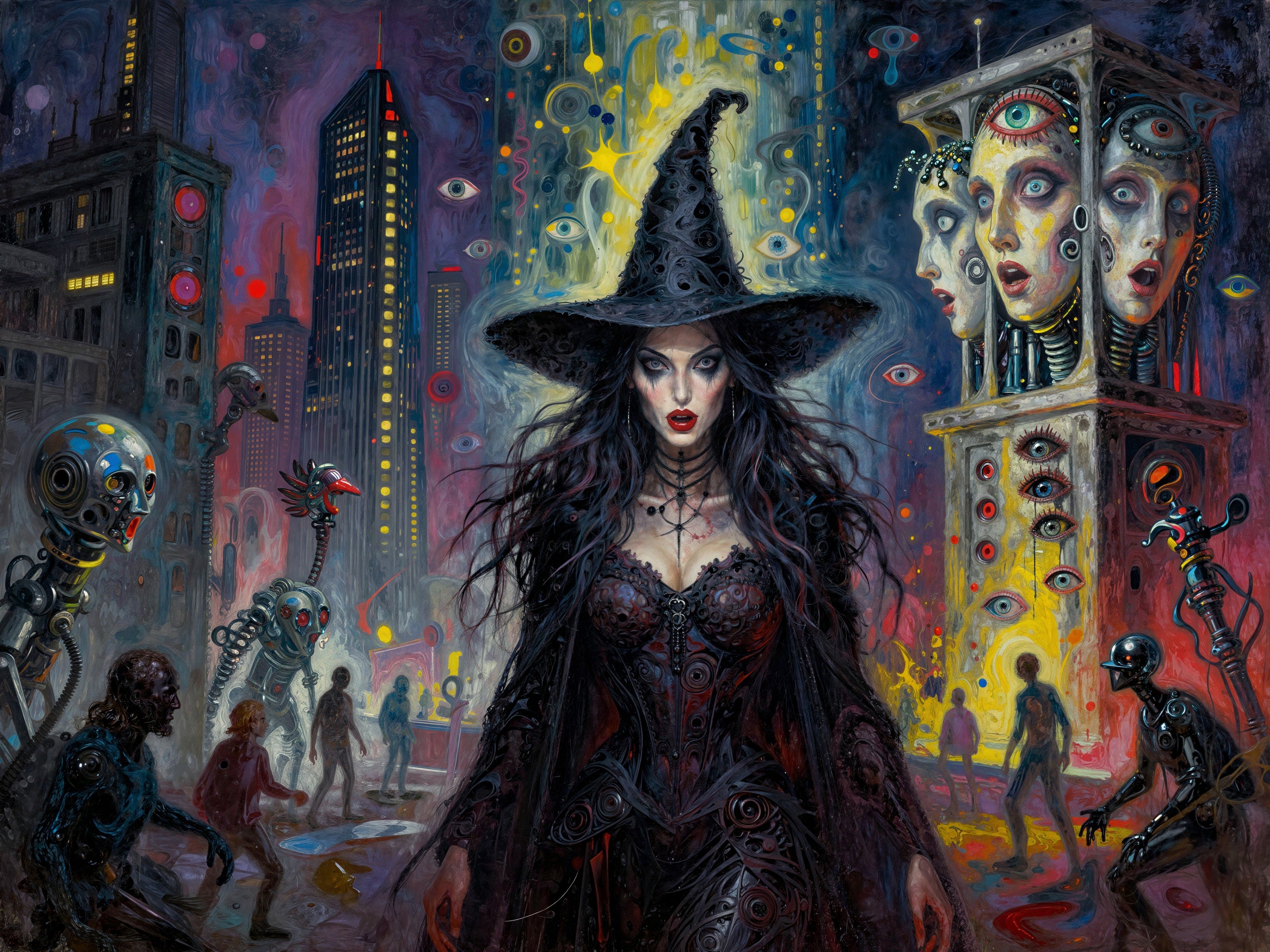 Dark Fantasy Painting of a Witch in Dystopian City