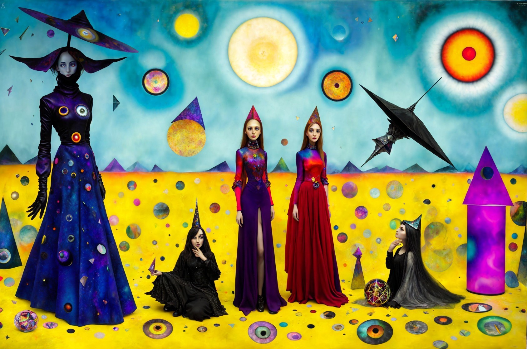 Surreal Landscape with Mystical Figures in Gowns