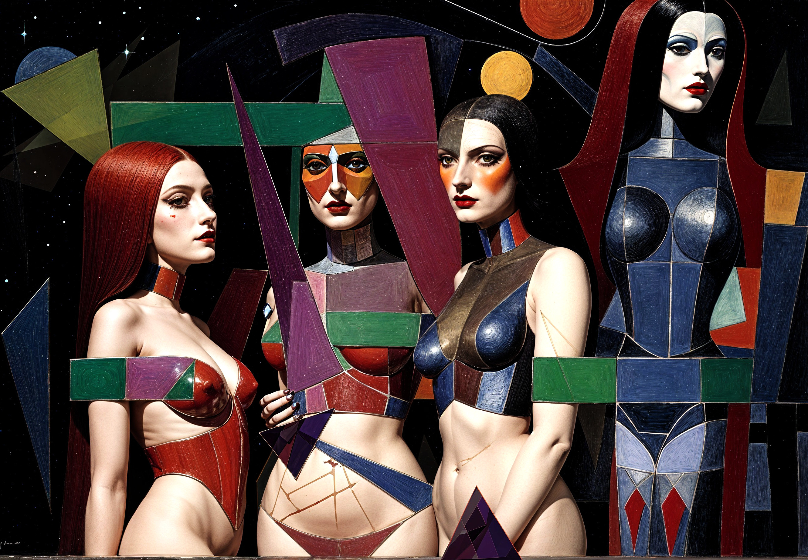 Stylized Female Figures in Bold Patterns and Colors