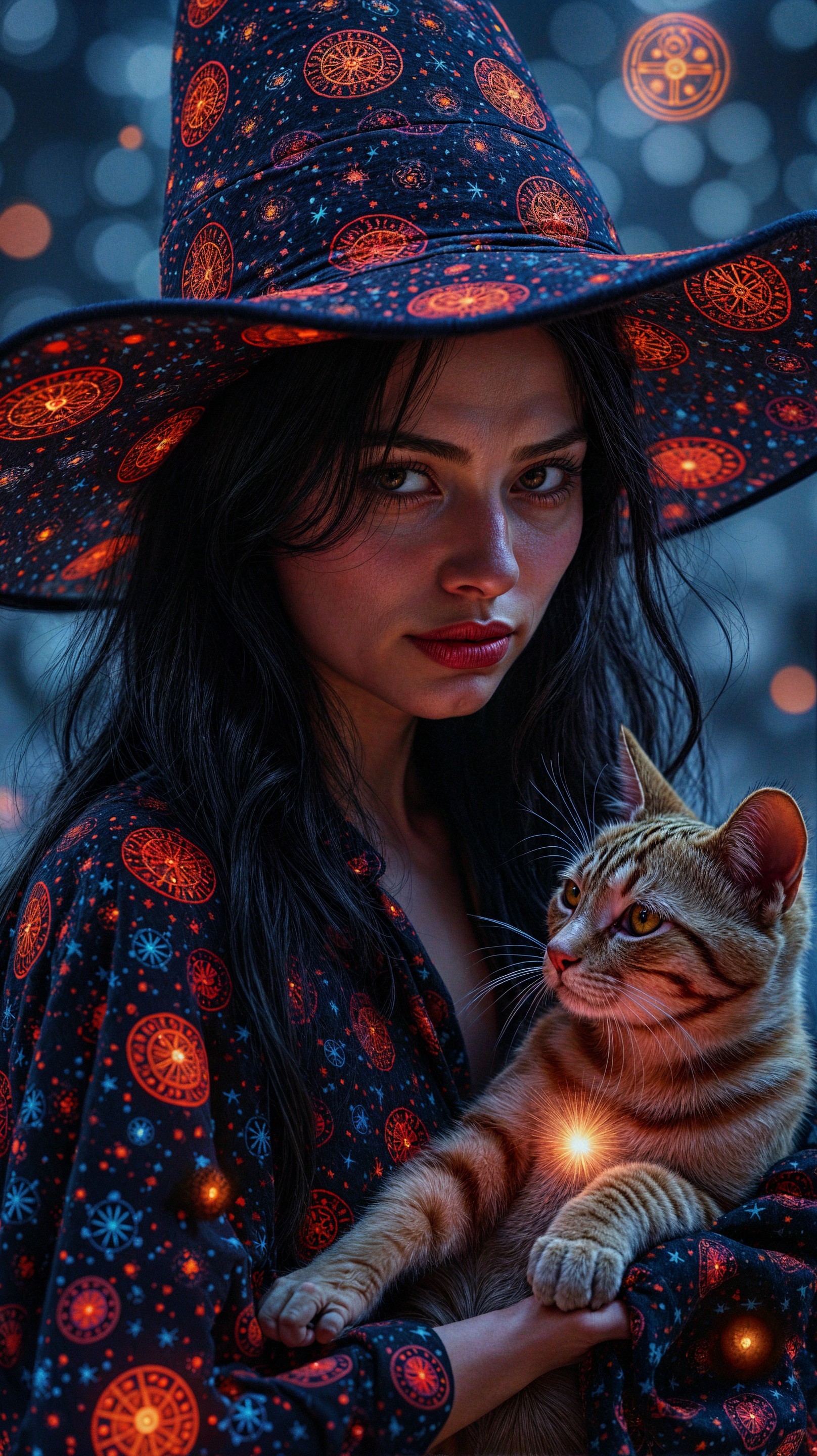 Woman in Witch Hat with Orange Tabby Cat in Magic Setting