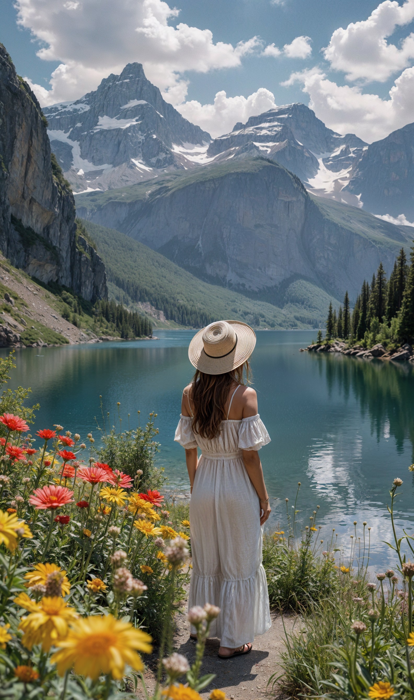 Serene Lake Landscape with Vibrant Flowers and Mountains