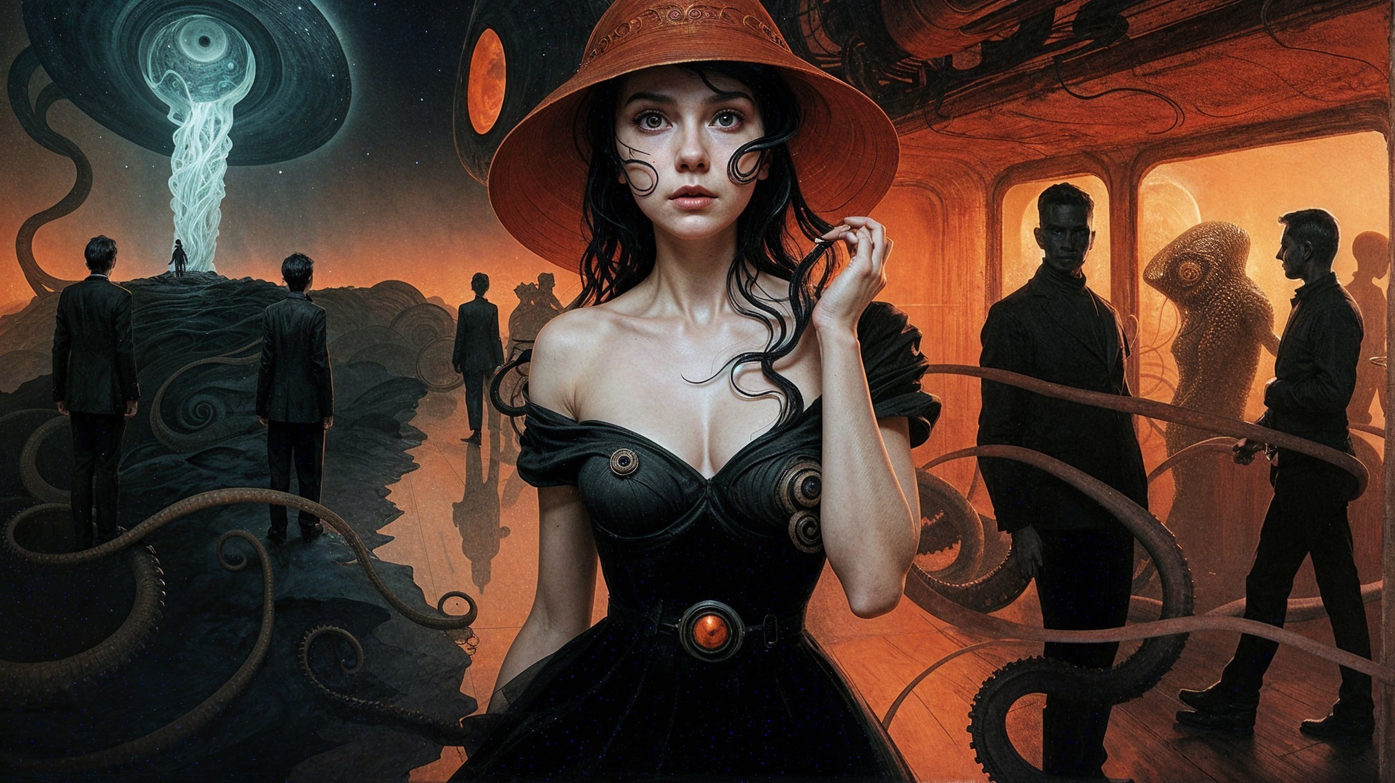 Surreal Cosmic Horror Scene with Elegant Woman