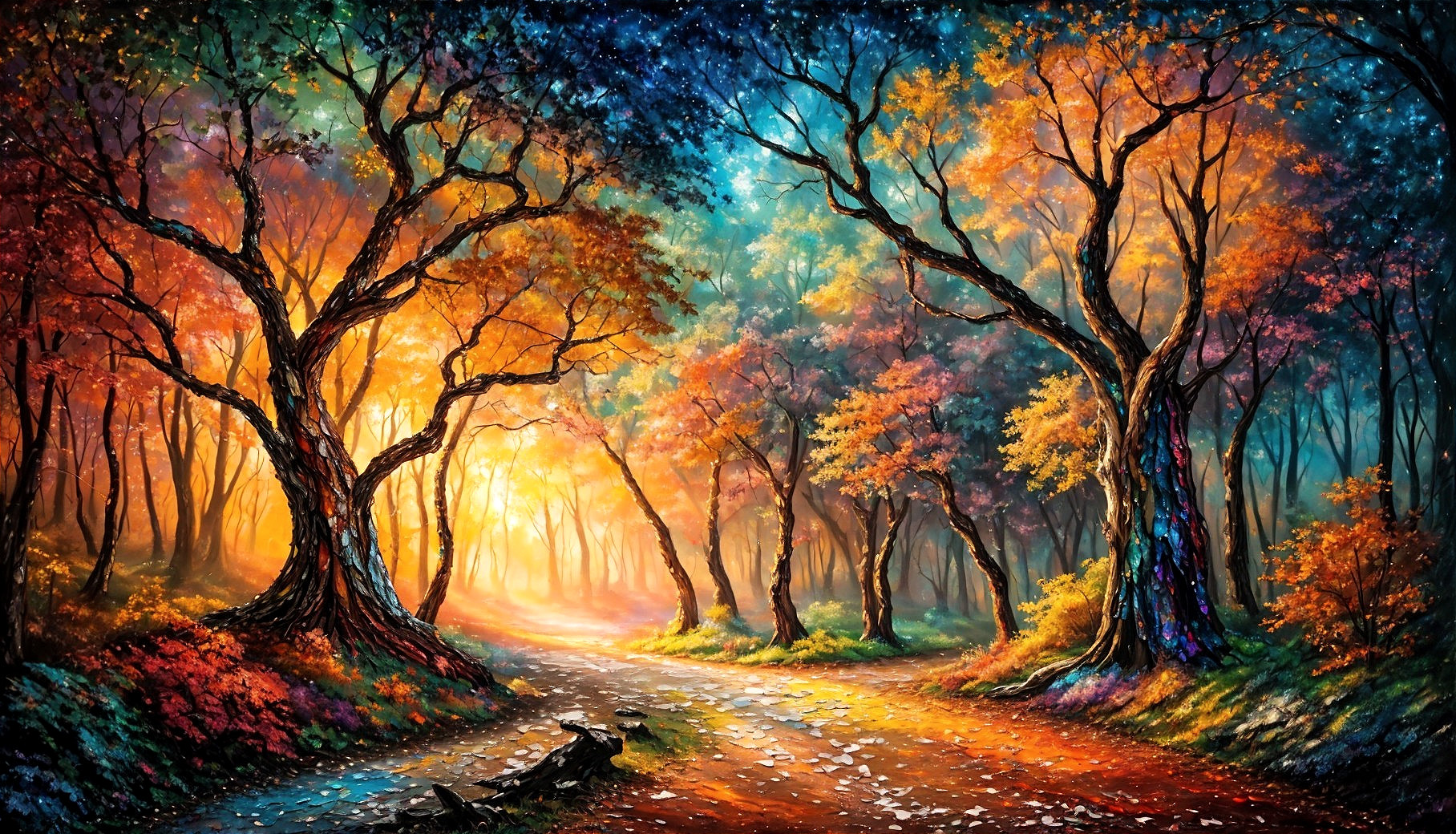 Vibrant Autumn Forest with Twisted Trees and Path