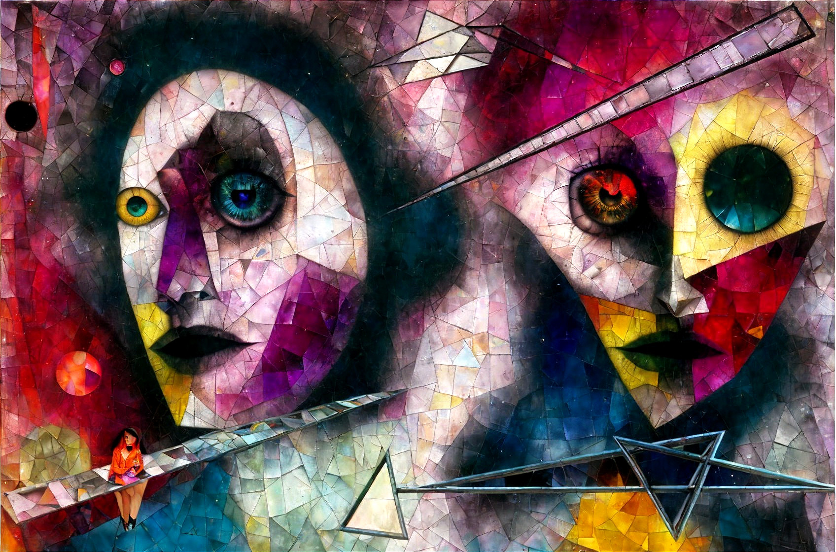 Abstract Mural with Stylized Faces and Vibrant Colors