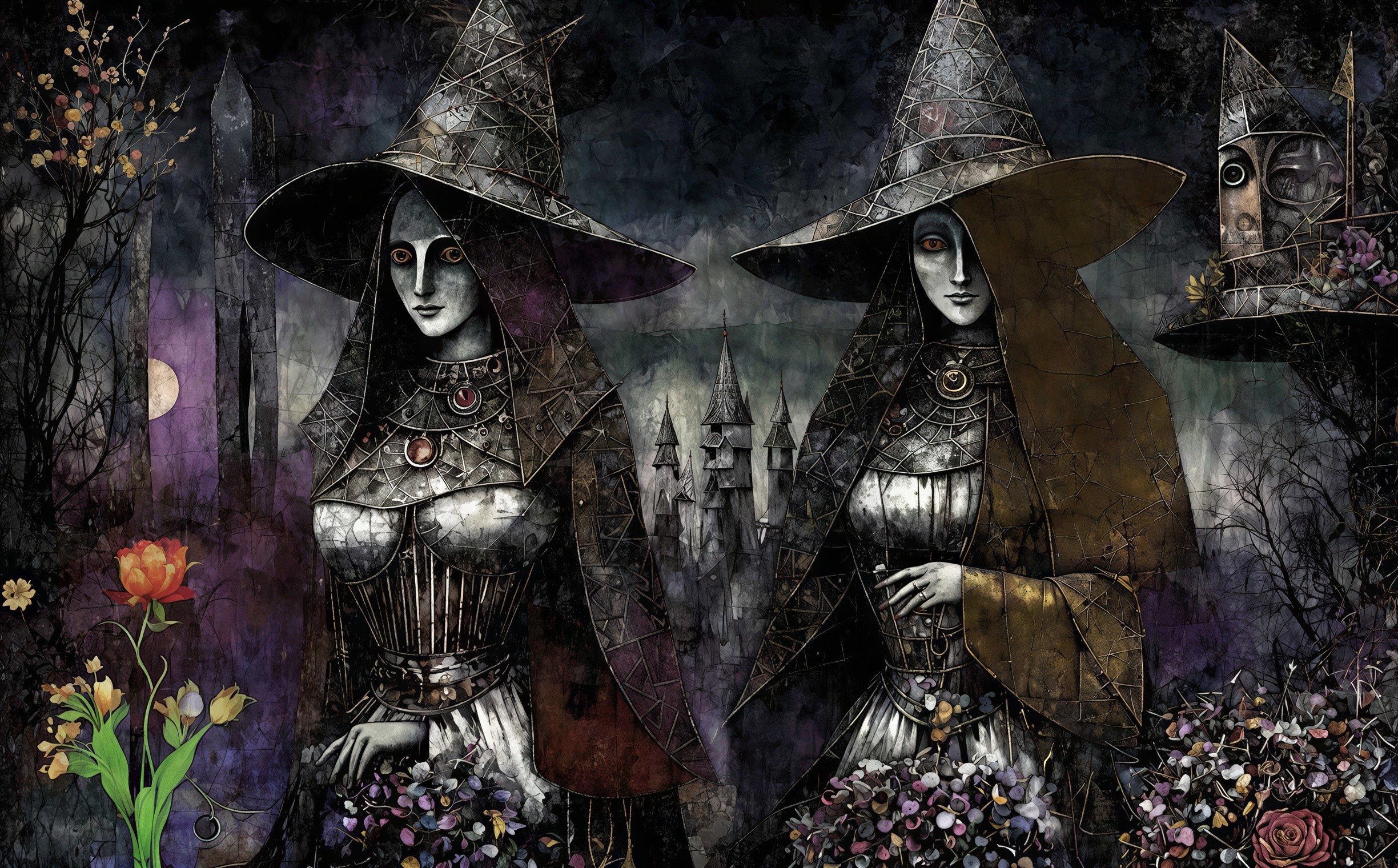 Witches in Dark Setting with Flowers and Castle Background