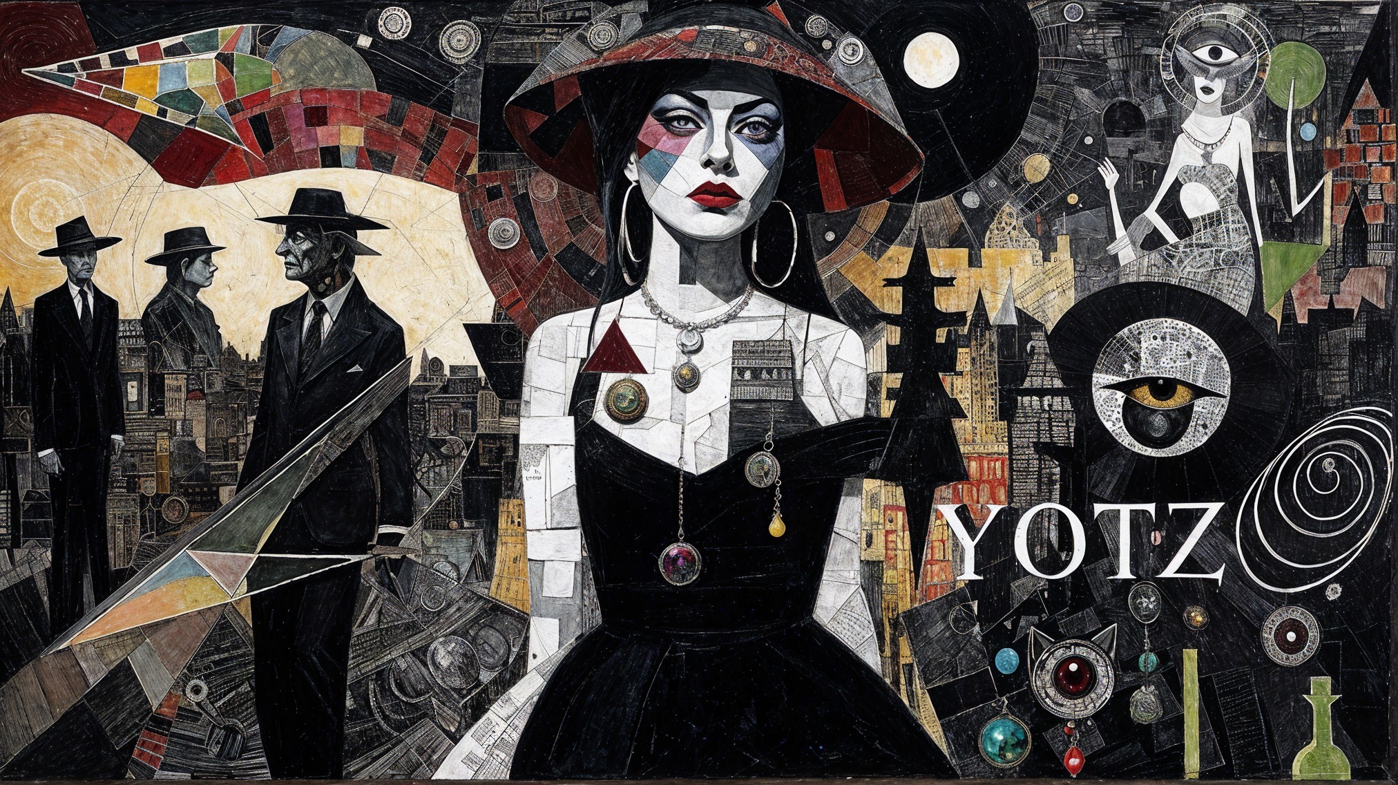 Collage of Woman in Black Dress with Abstract Cityscapes