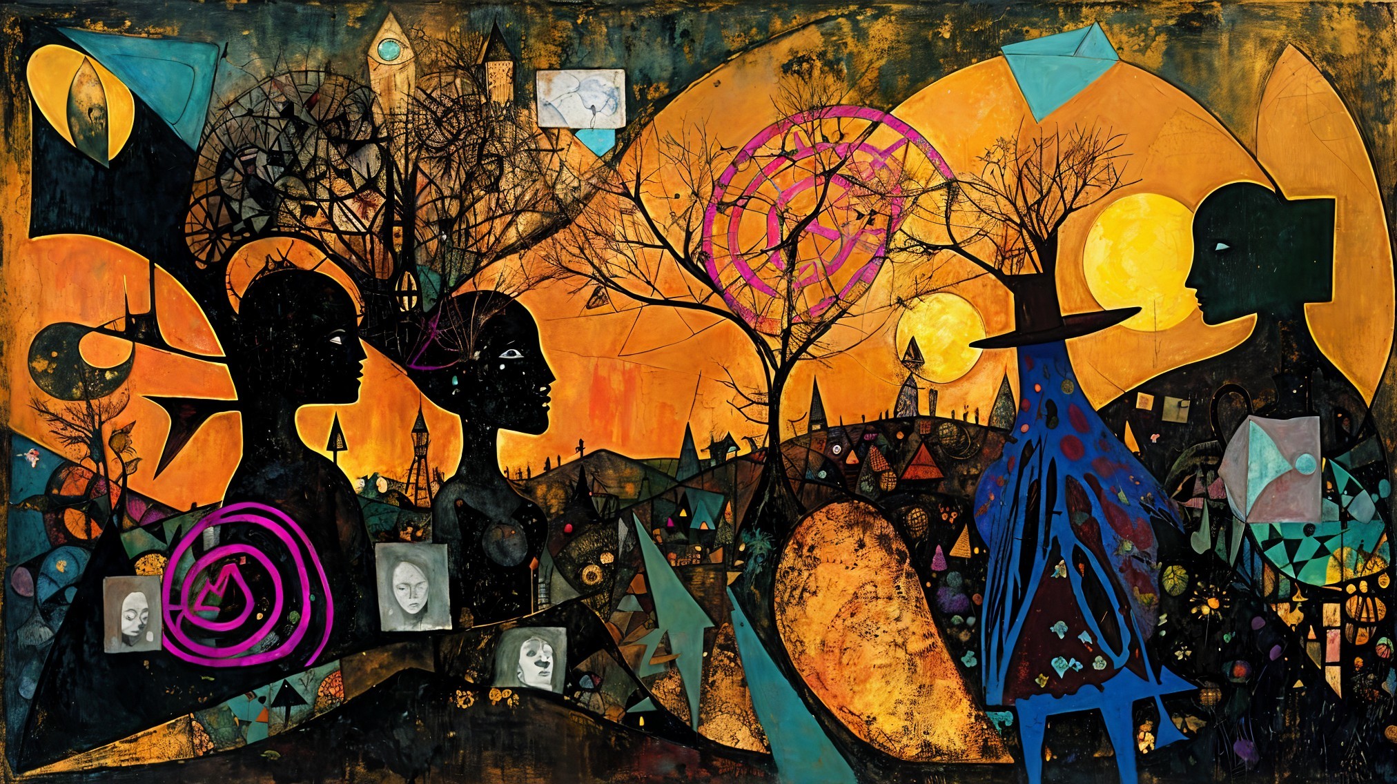 Vibrant Surreal Landscape with Sunset and Silhouettes
