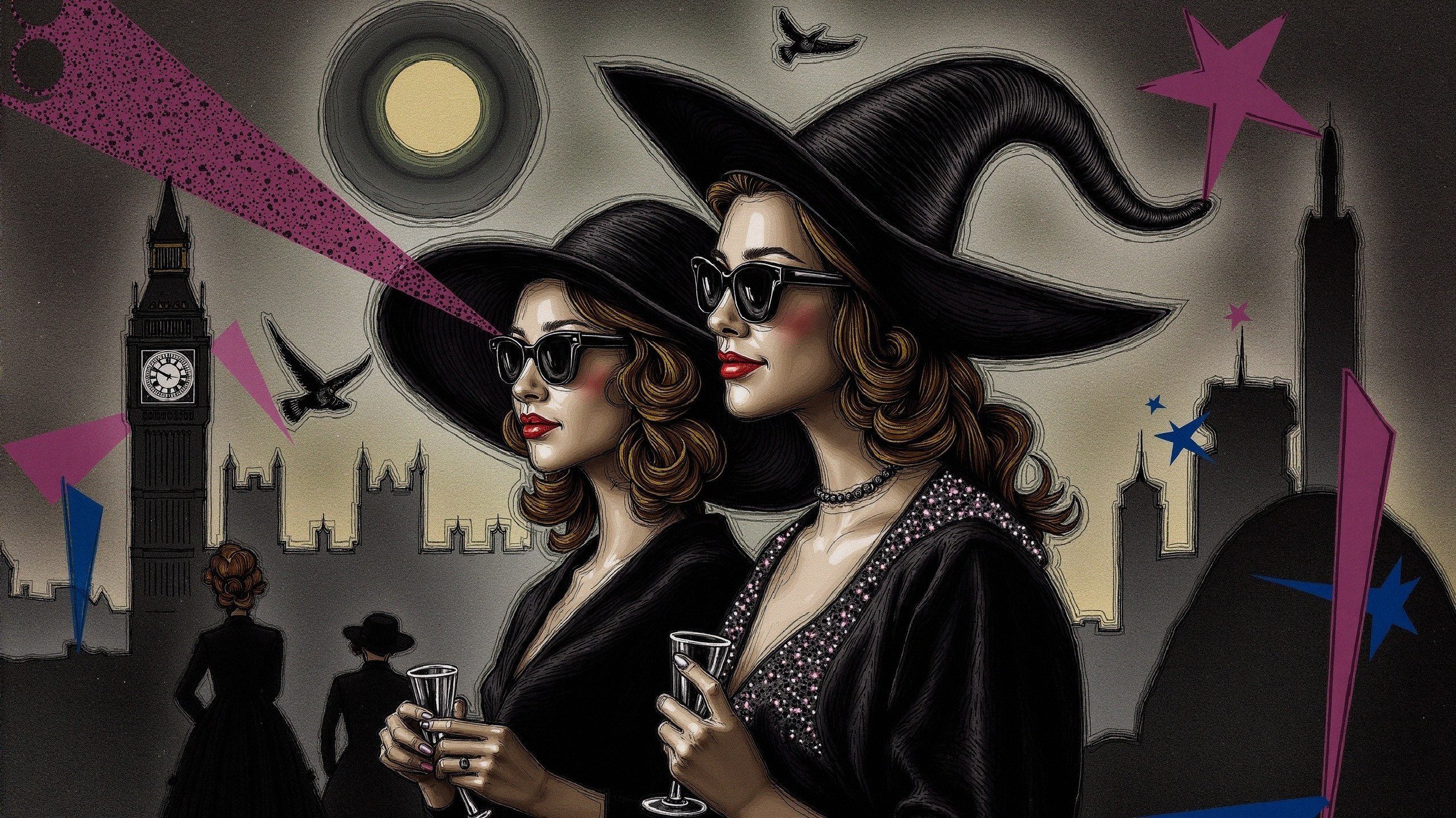 Glamorous Women in Witch Hats with City Skyline Backdrop