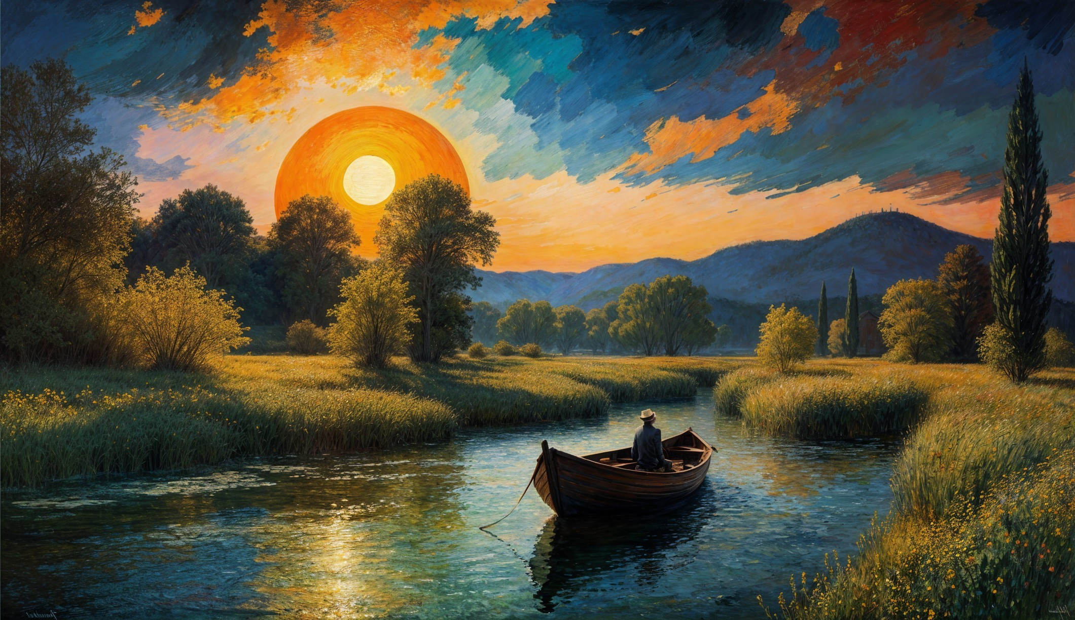 Serene Sunset Landscape with River and Lush Greenery