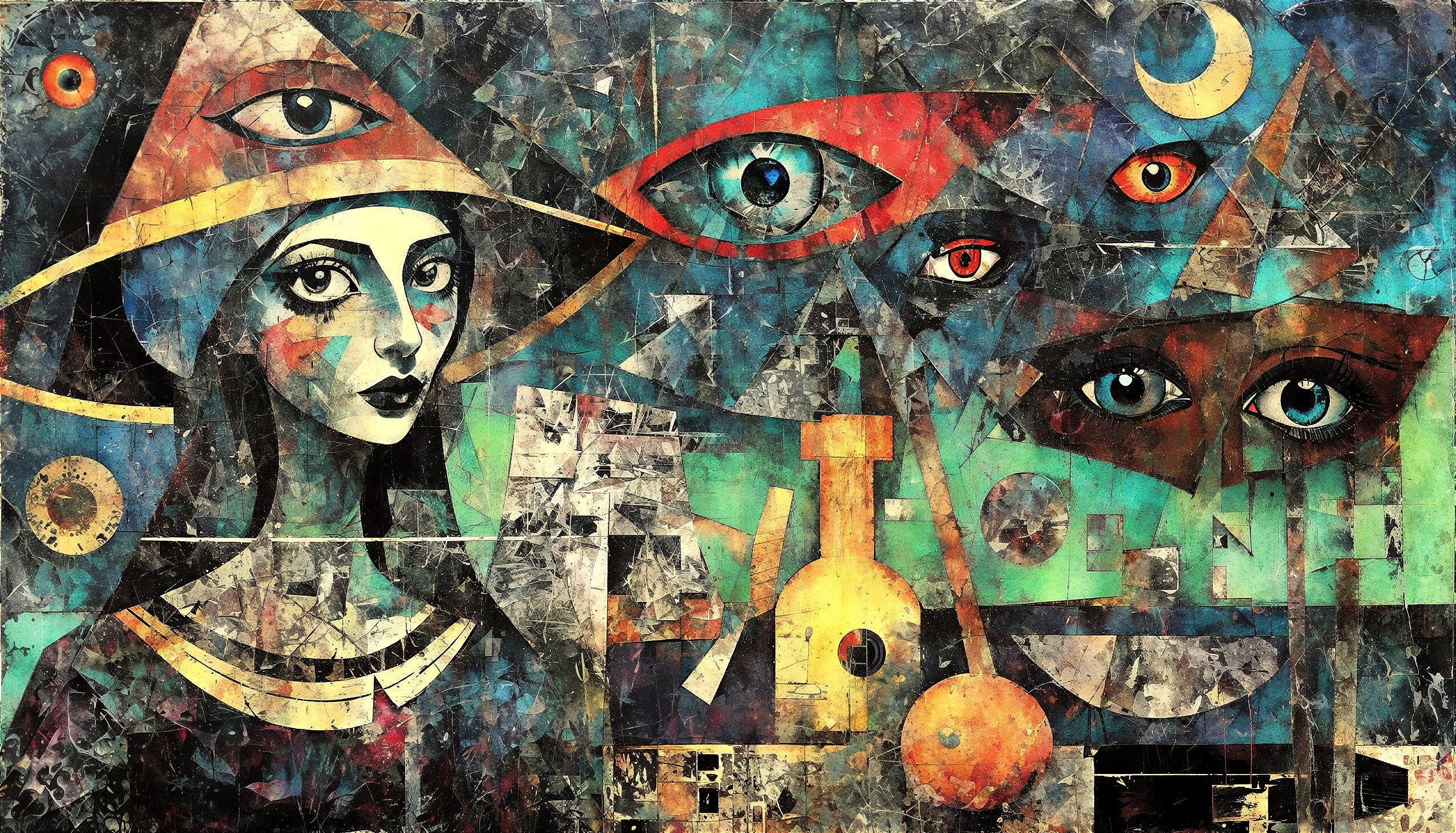 Cubist-Style Portrait of a Woman with Unique Eyes