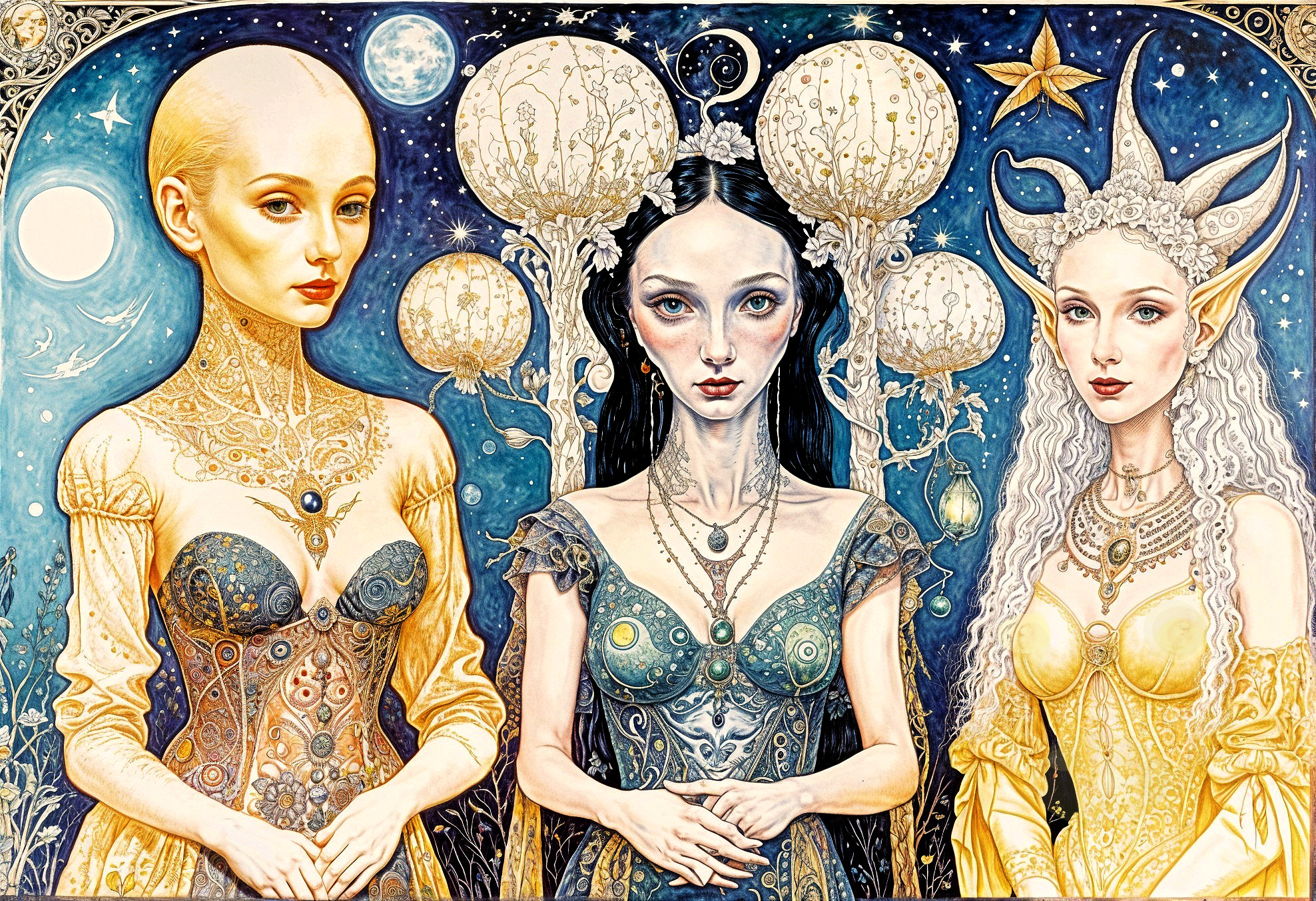 Three Ethereal Figures Against a Starry Night Sky
