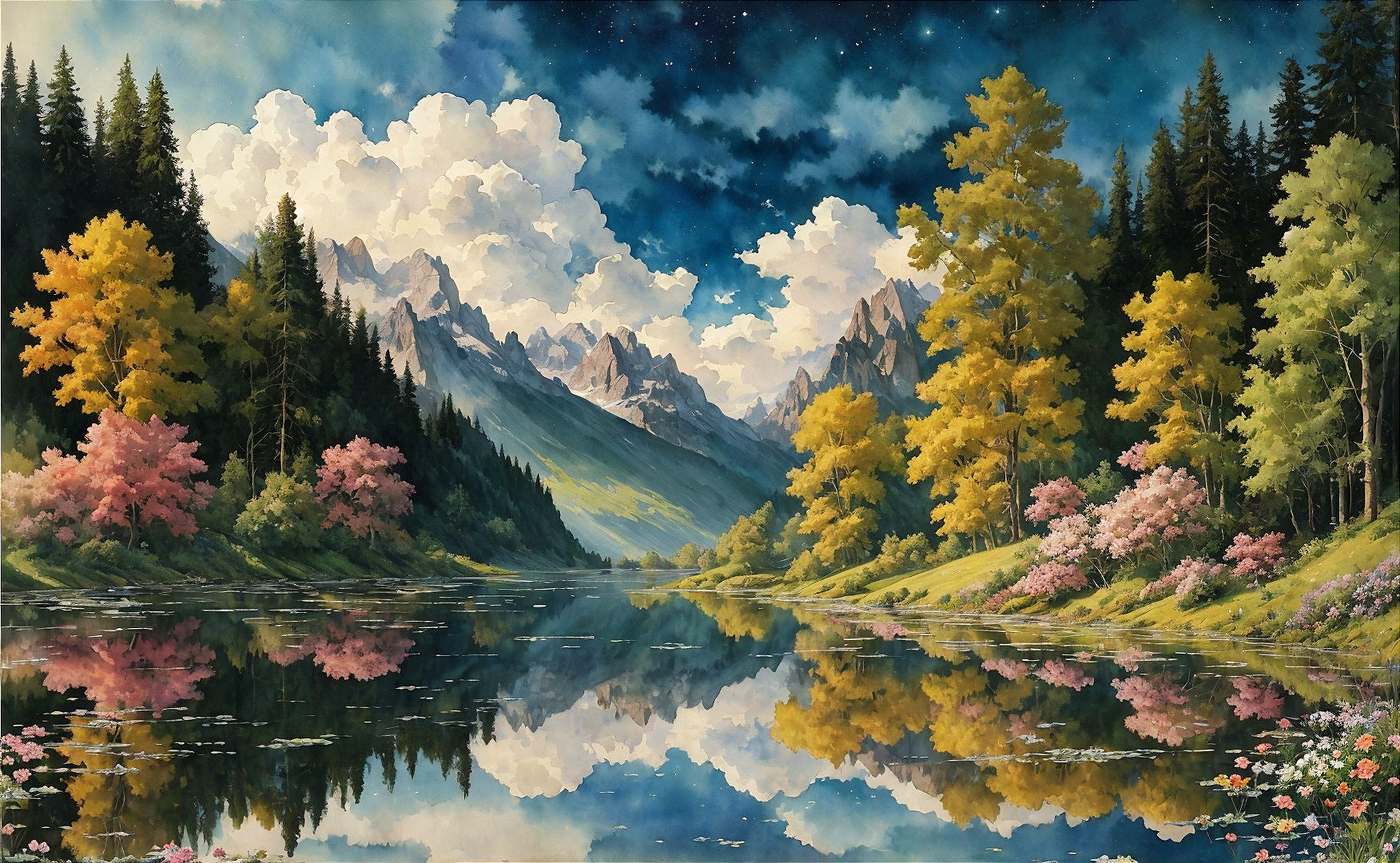 Tranquil Lake Surrounded by Mountains and Forests