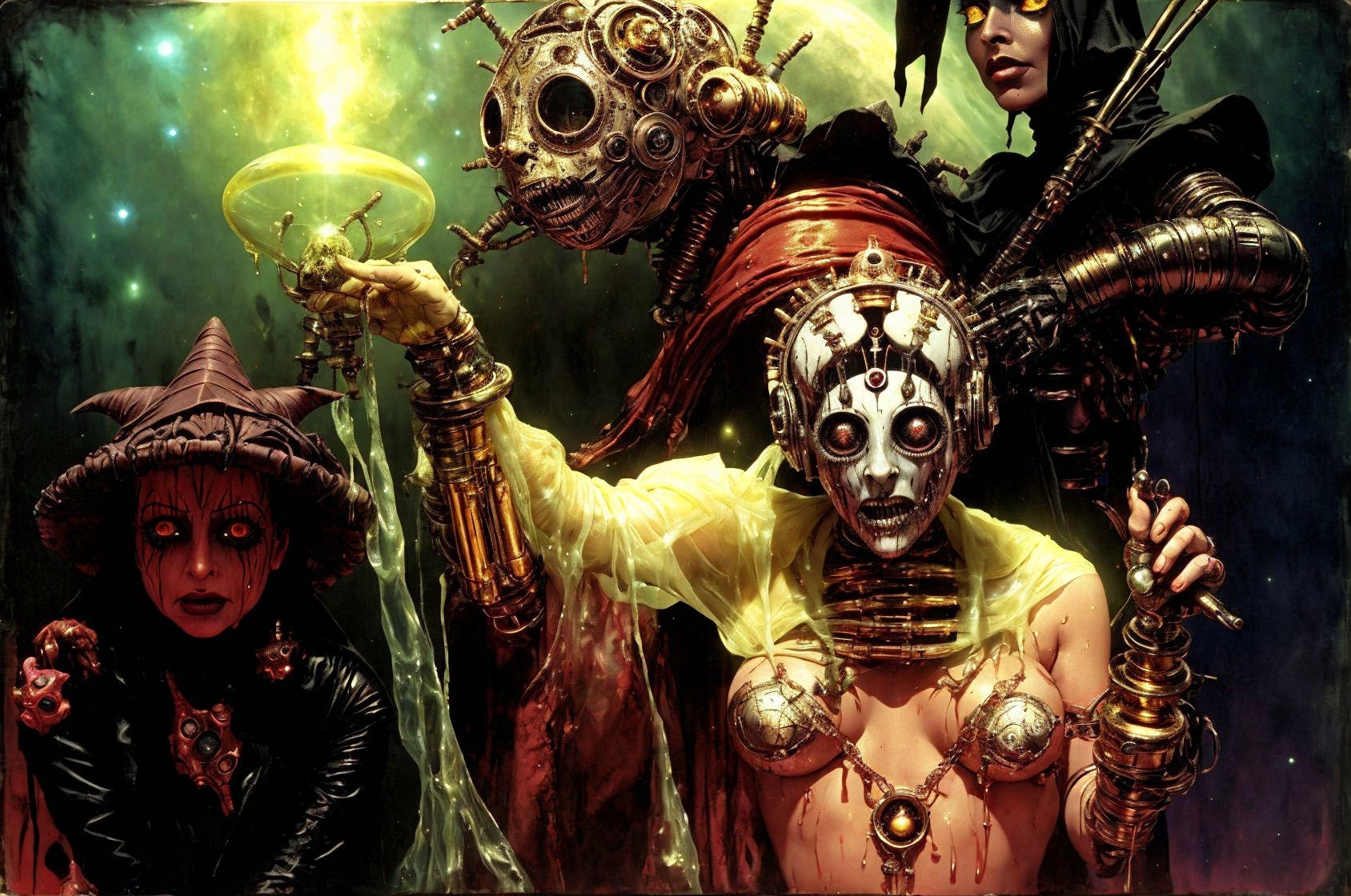 Surreal Dark Fantasy Scene with Three Unique Figures