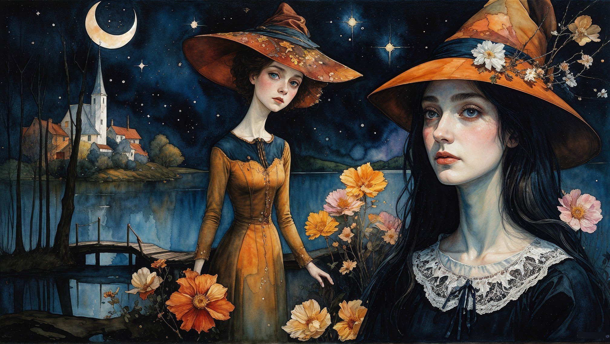 Figures in Elaborate Hats by a Serene Lake at Night