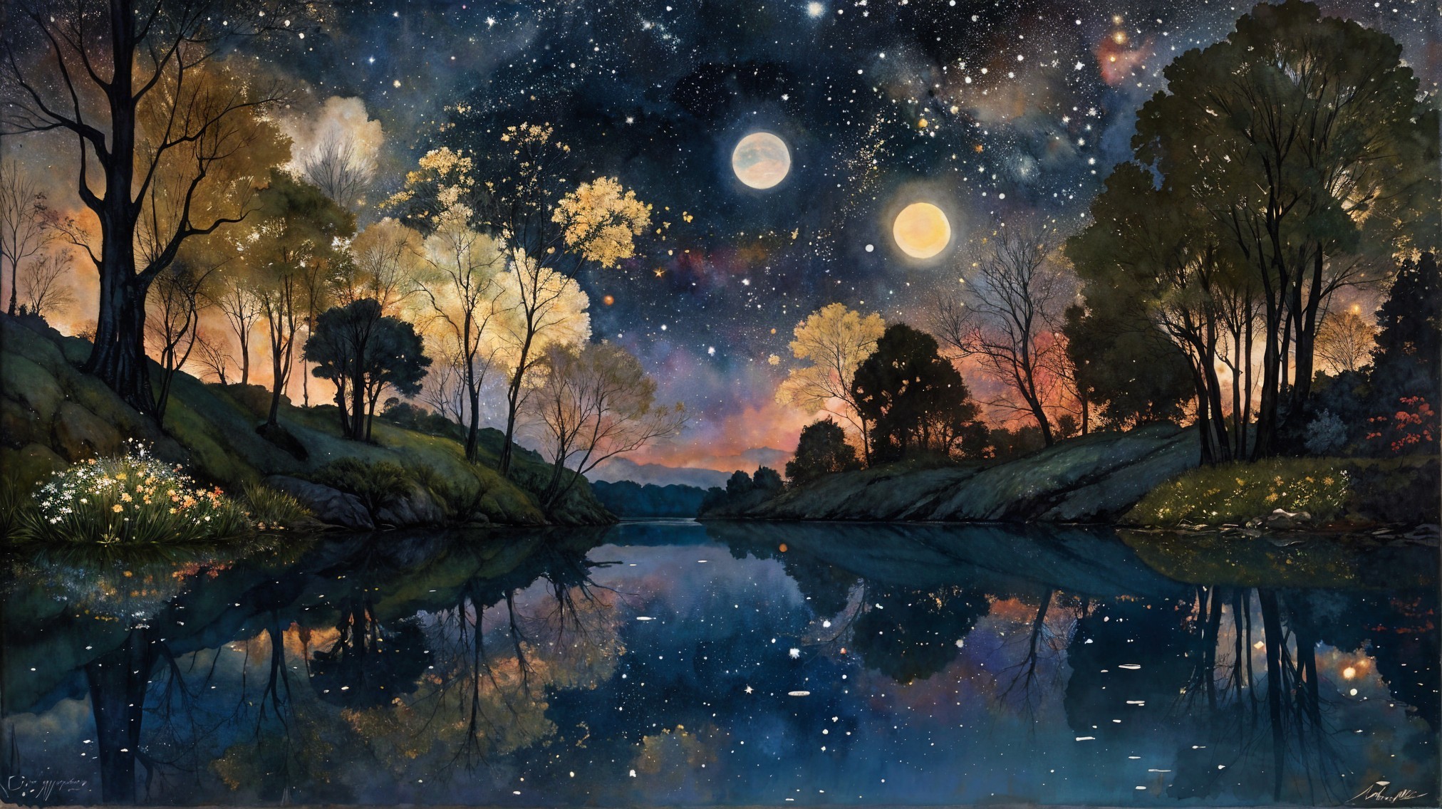 Serene Landscape with Calm Lake and Starry Night Sky