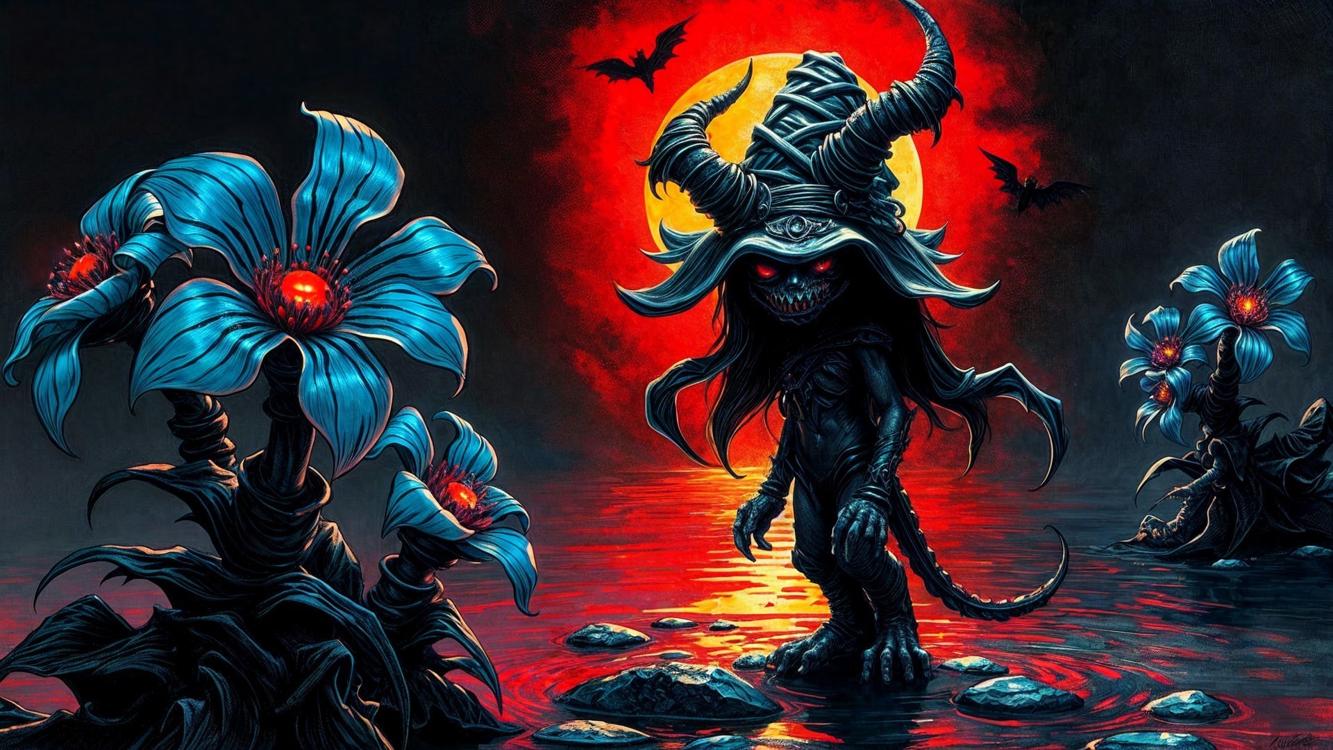 Sinister creature in dark landscape with eerie flowers
