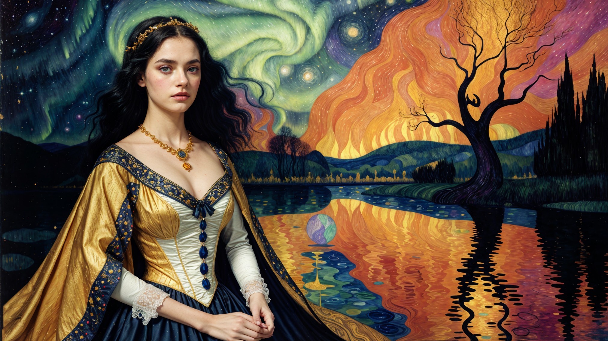 Young Woman in Golden Gown by Shimmering Lake