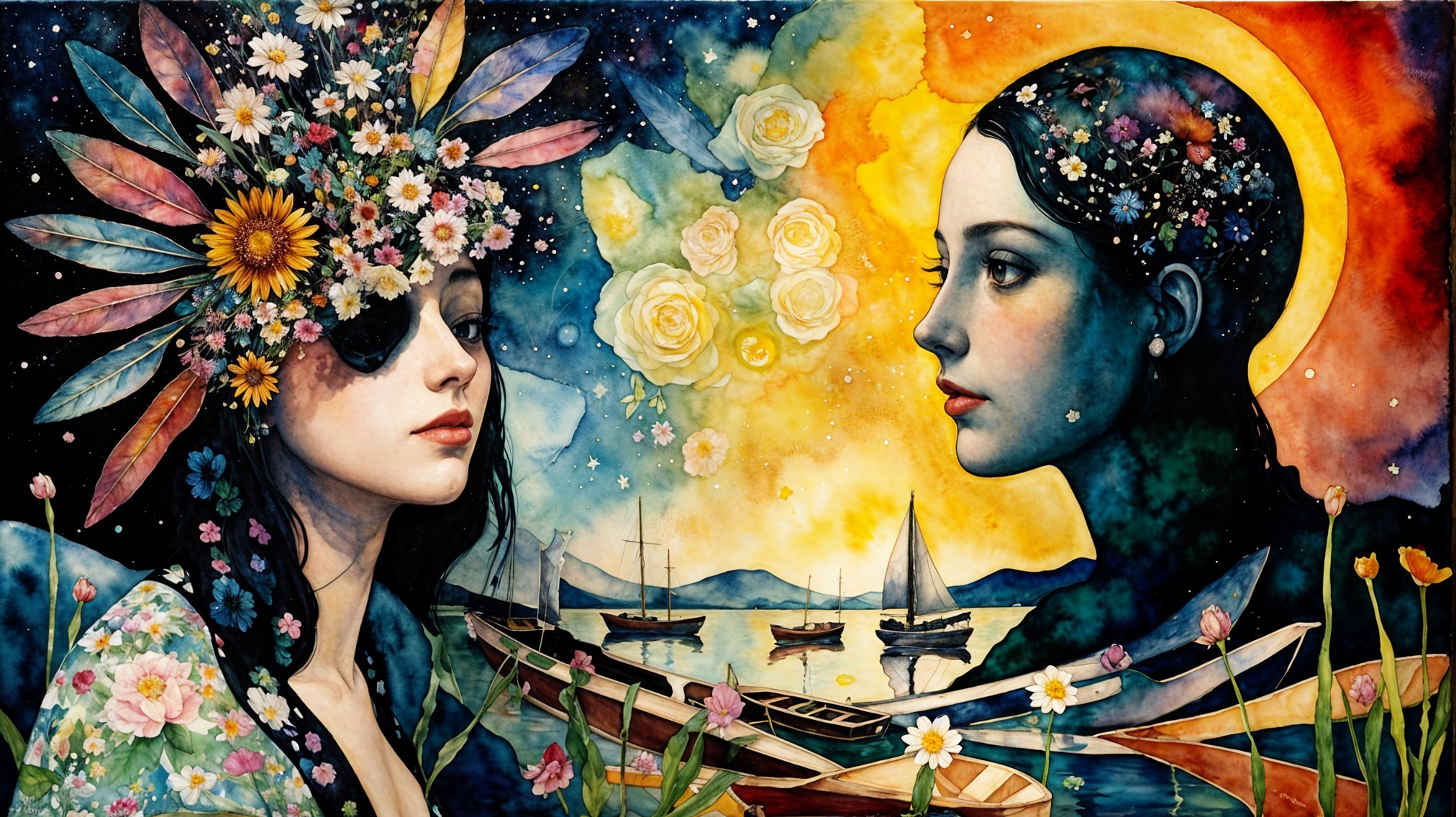 Ethereal Women in Vibrant Landscape with Moonlight
