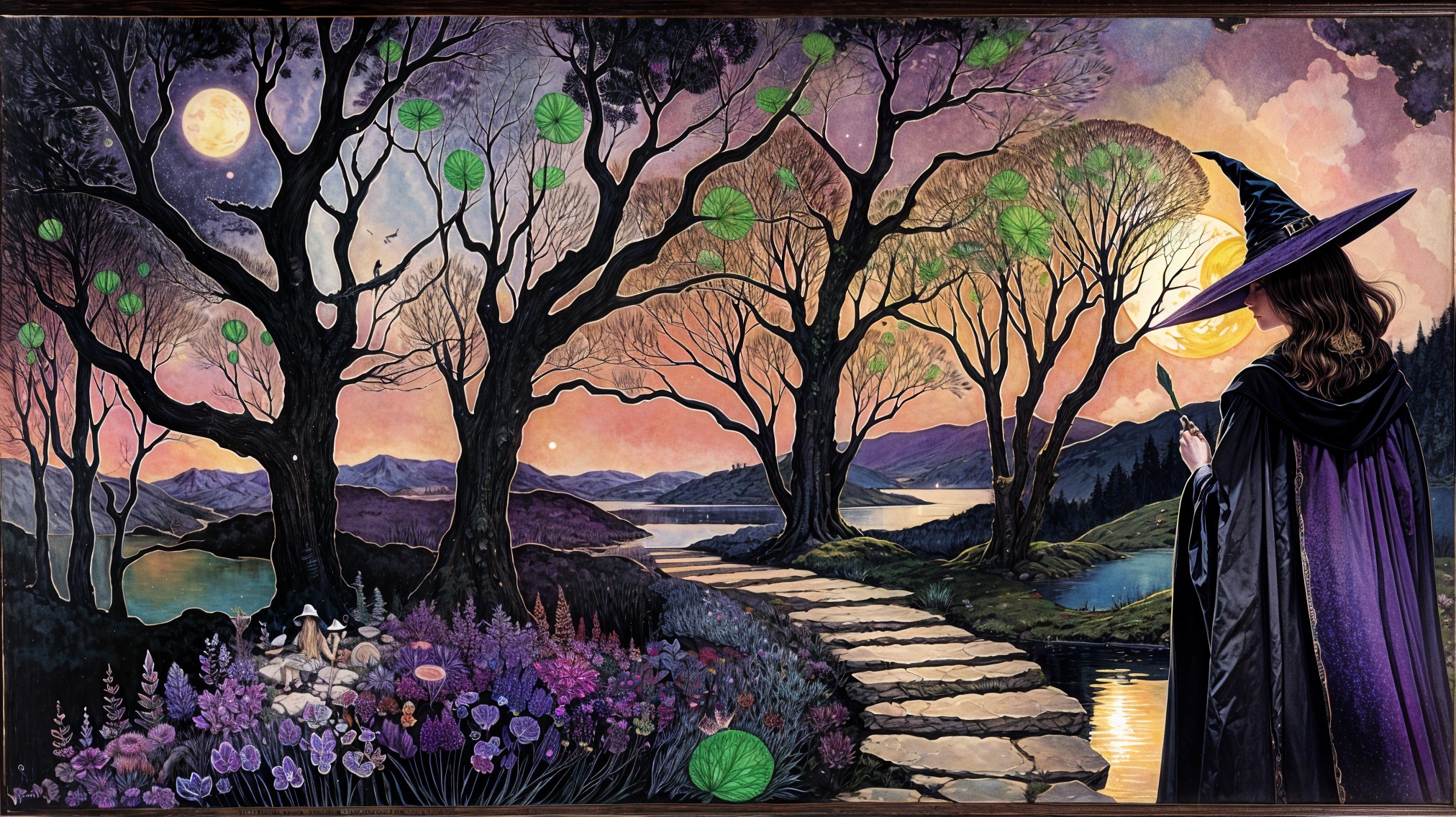 Twilight Scene of a Witch by a Tranquil Lake