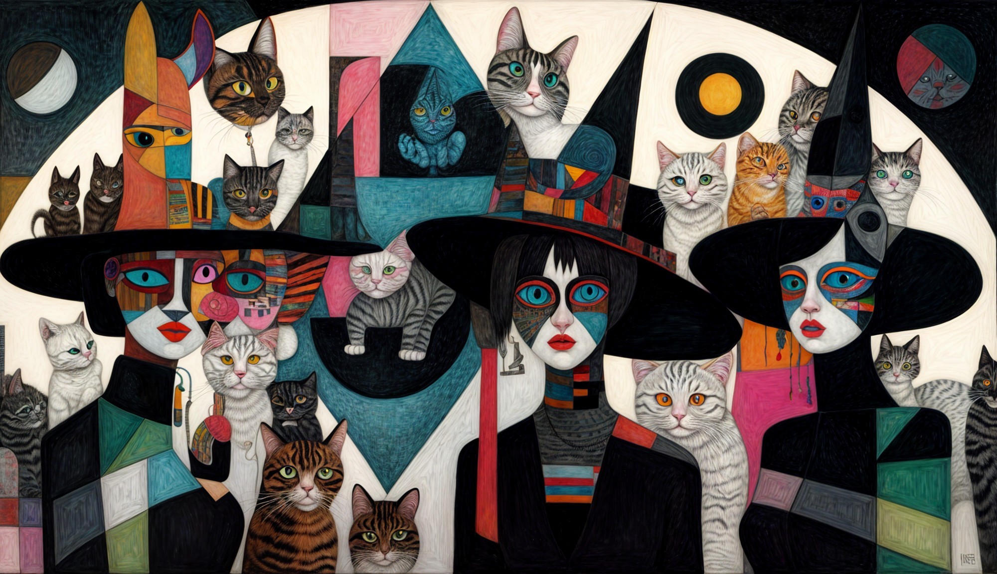 Witch Hat Women Surrounded by Colorful Cats Artwork