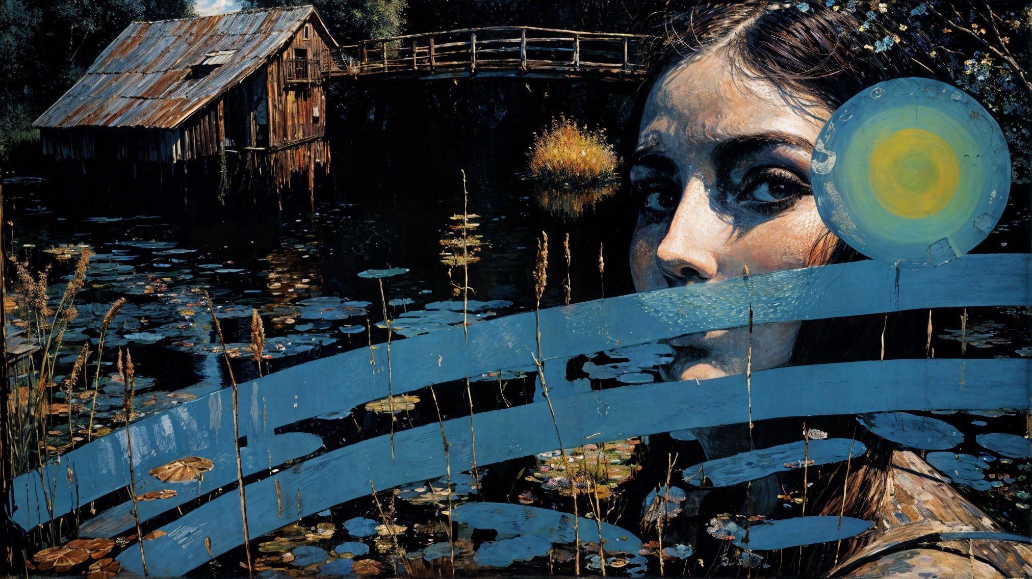 Serene landscape with pond, cabin, and abstract art