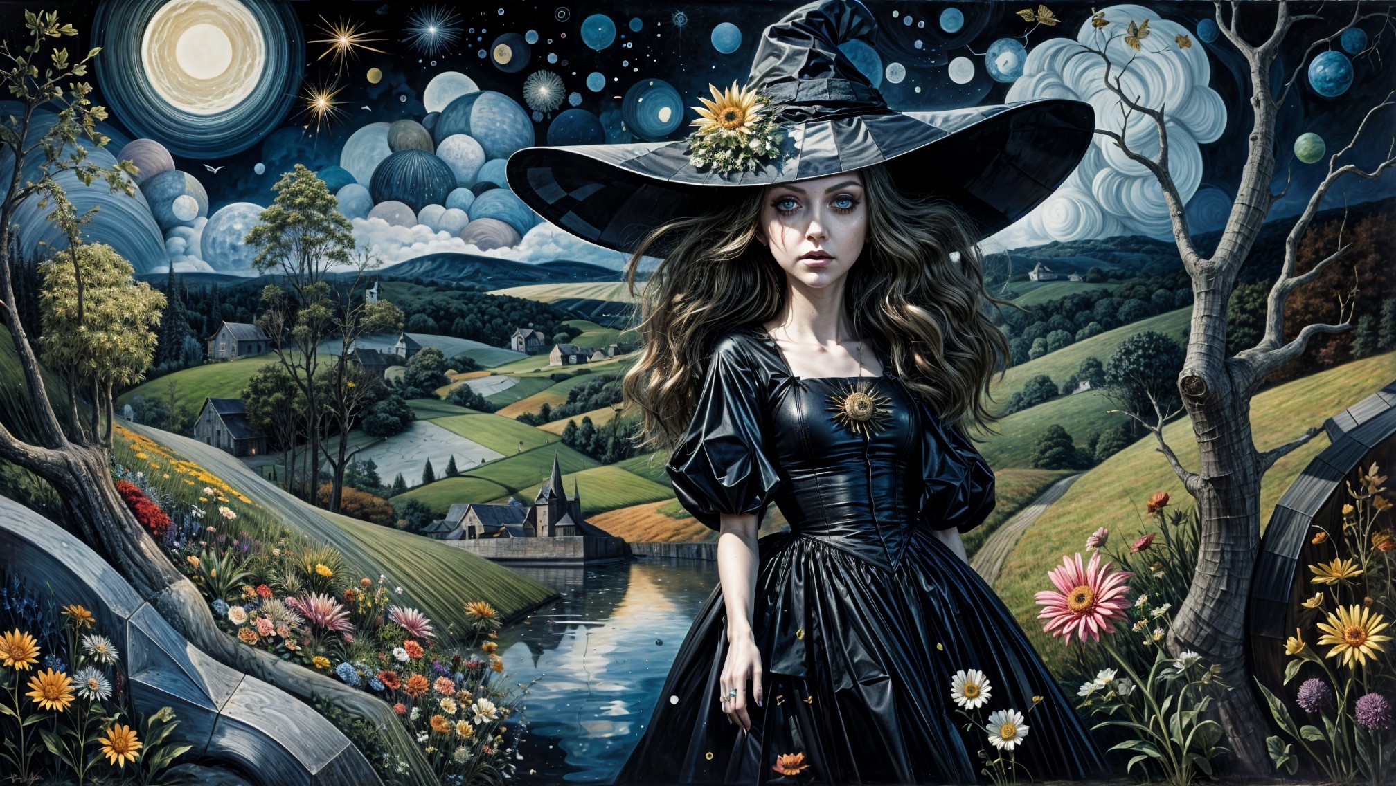 Mystical Witch in Serene Night Landscape with Flowers