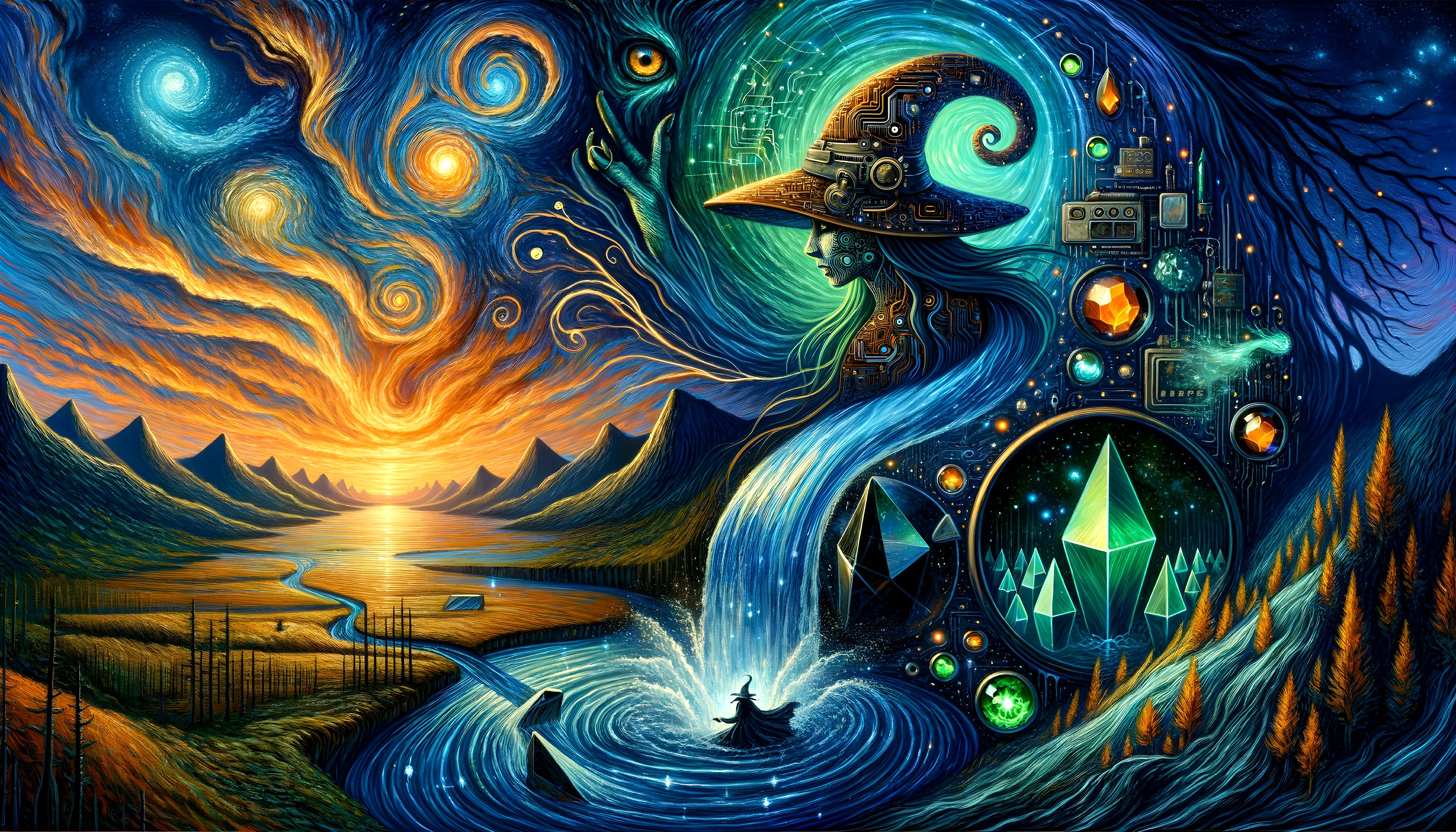 Surreal Landscape with Cosmic Waterfall and Mystical Figure